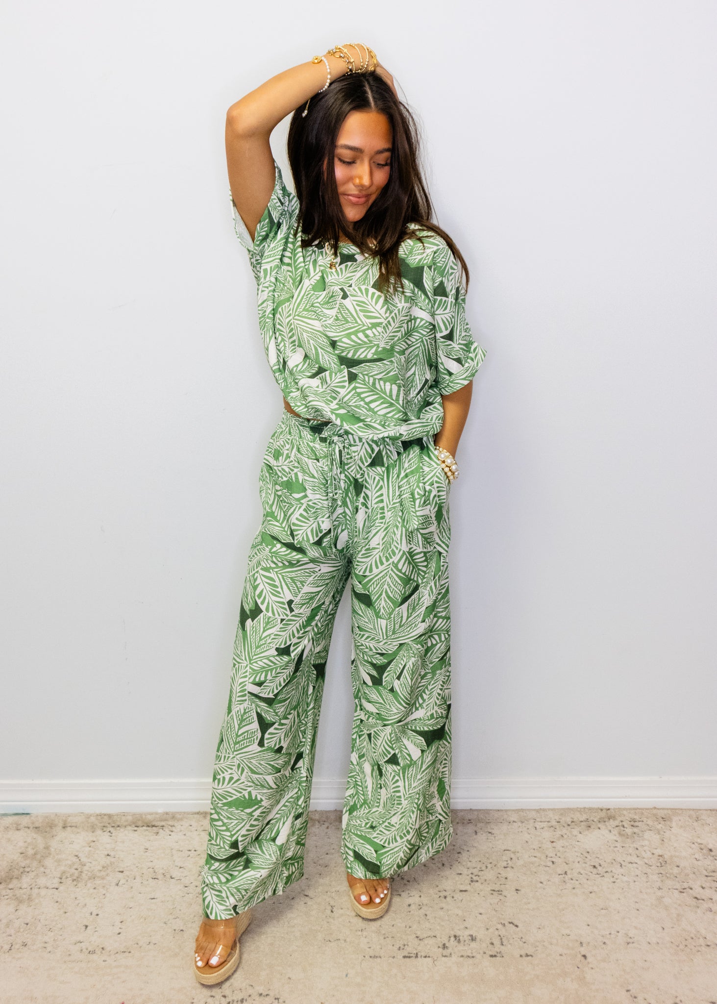 Green Palms Print Elastic Waist Top