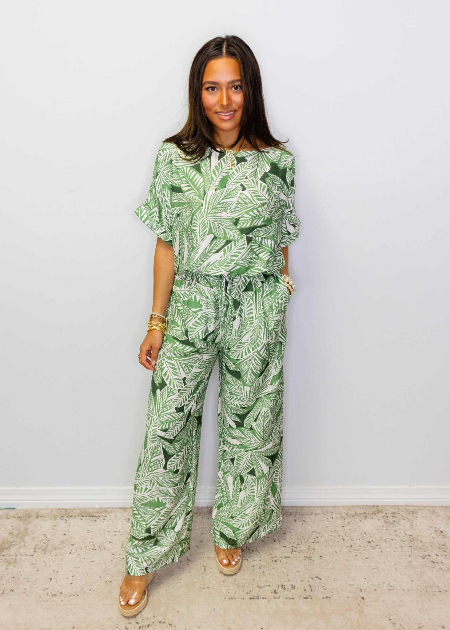 Green Palms Print Wide Leg Pants