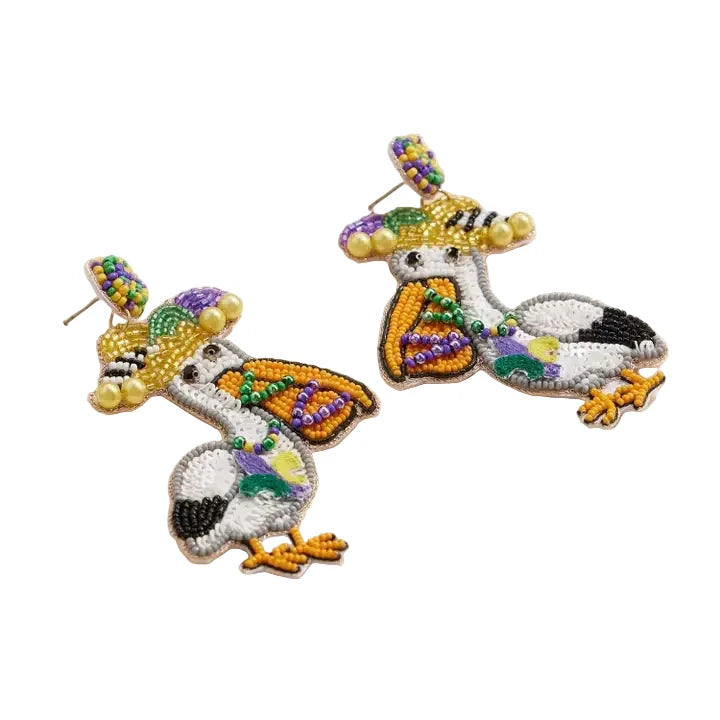 Mardi Gras Pelican Beaded Earrings