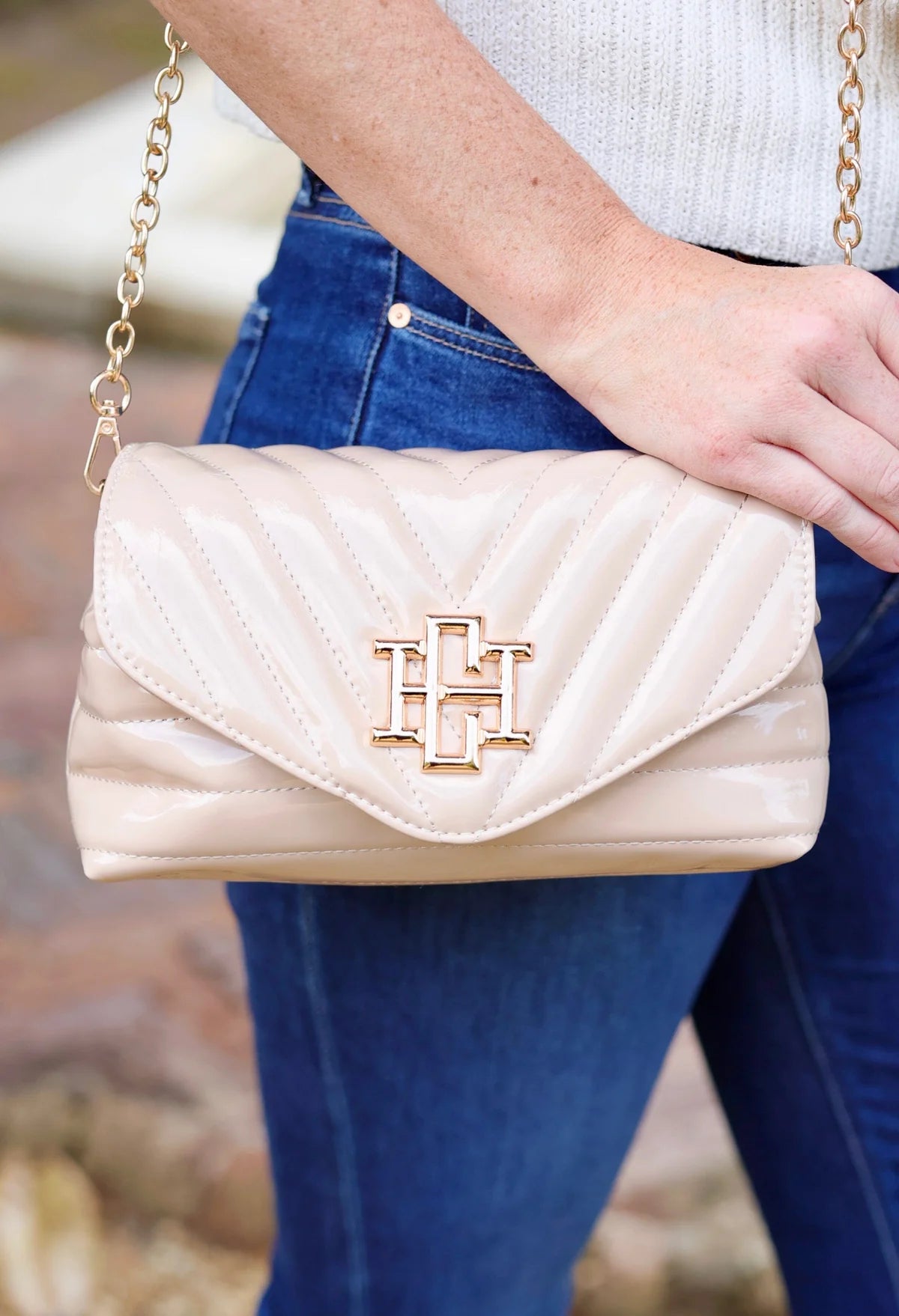 Brandy Cream Patent Crossbody Purse