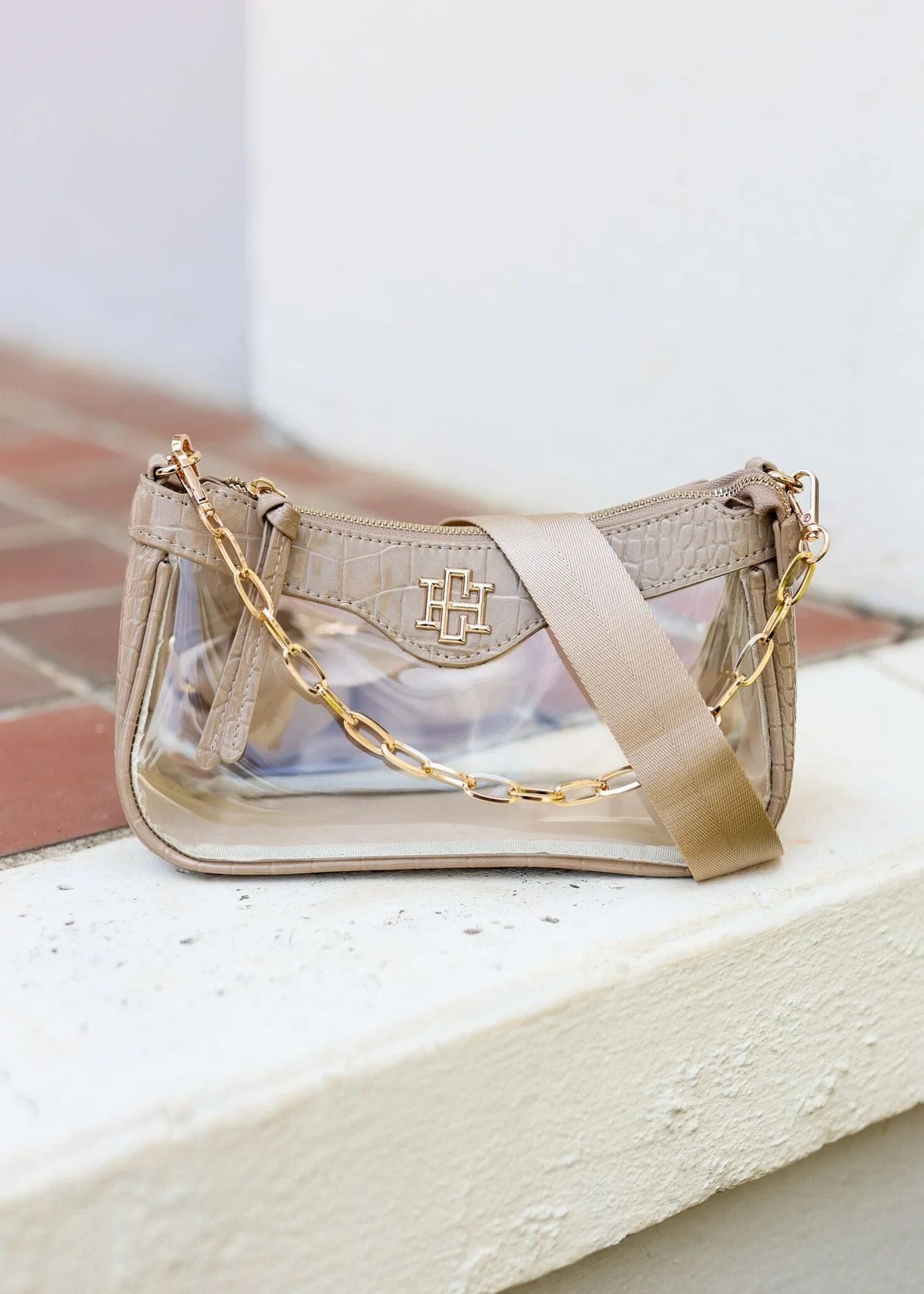 Cassidy Taupe Clear Crossbody Purse