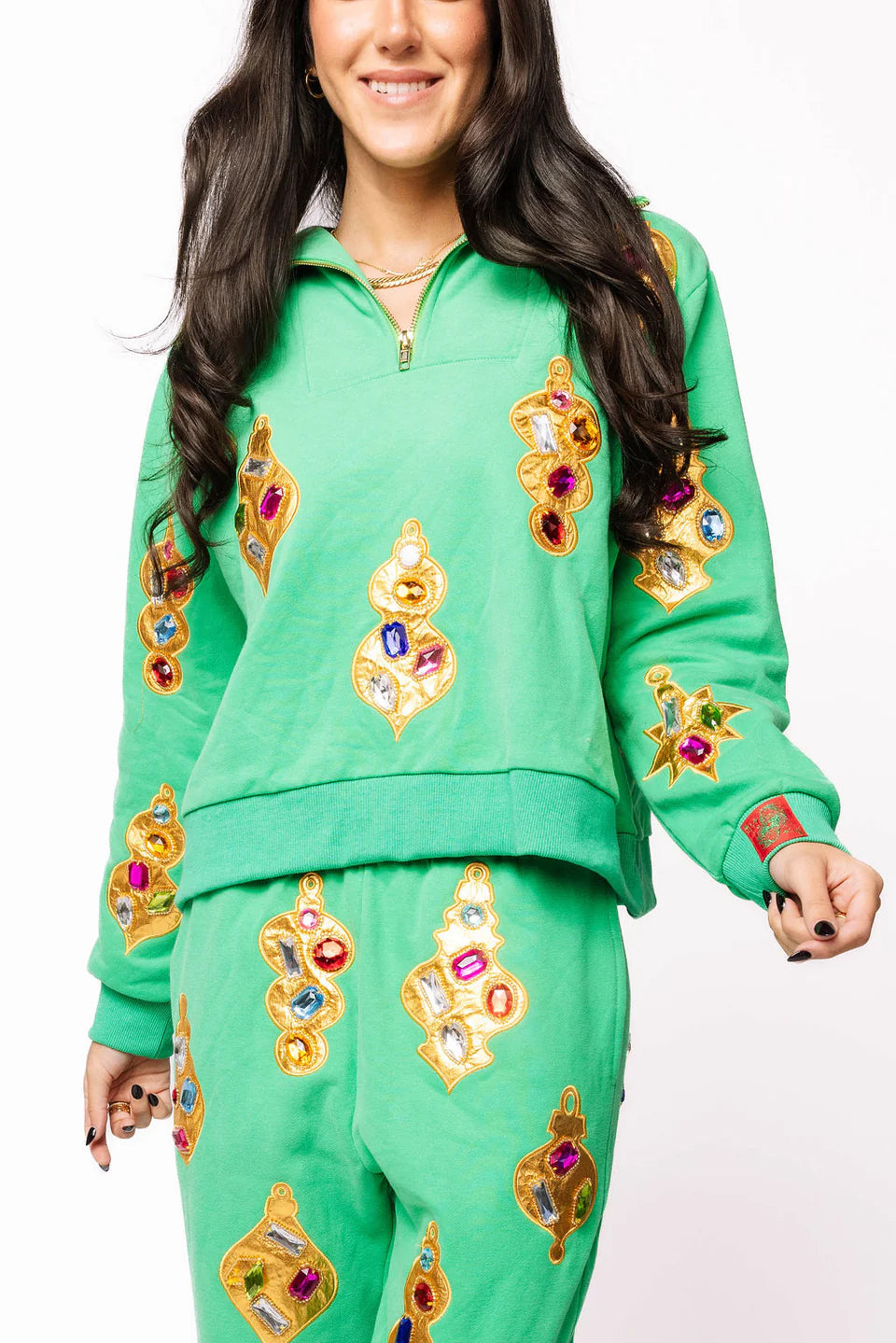Green & Gold Jeweled Ornament Collar Sweatshirt