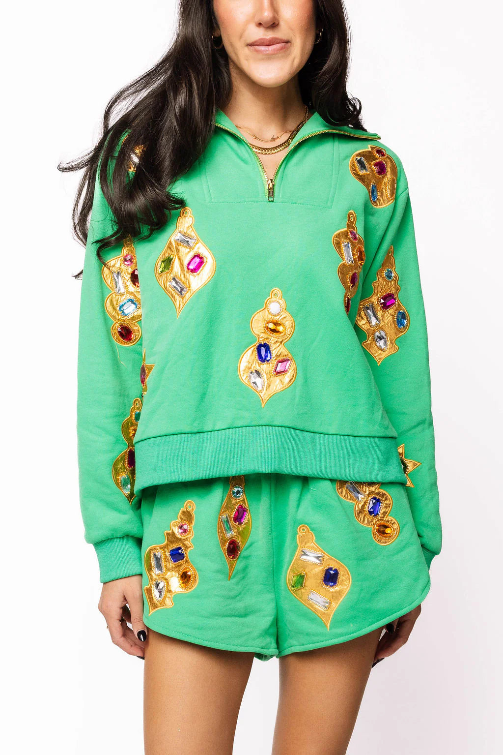Green & Gold Jeweled Ornament Collar Sweatshirt