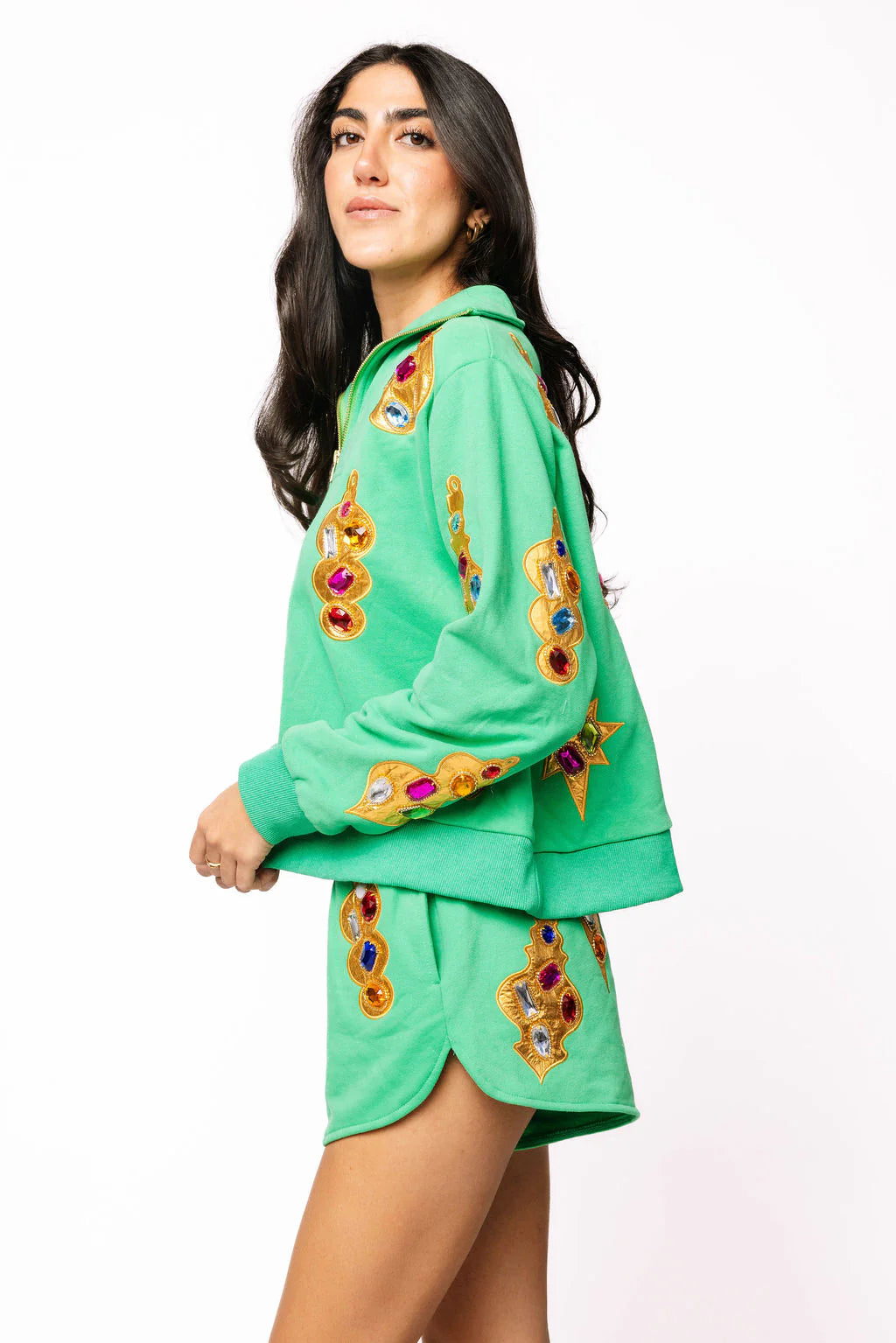 Green & Gold Jeweled Ornament Collar Sweatshirt