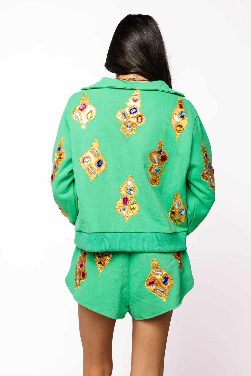 Green & Gold Jeweled Ornament Collar Sweatshirt
