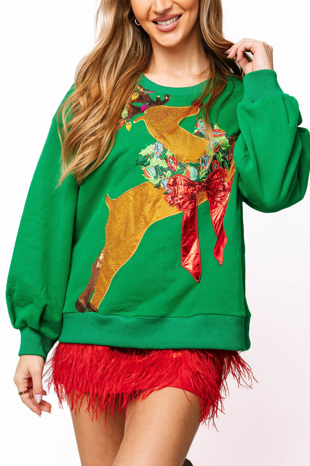 Green Rhinestone Rudolph Wearing A Wreath Sweatshirt