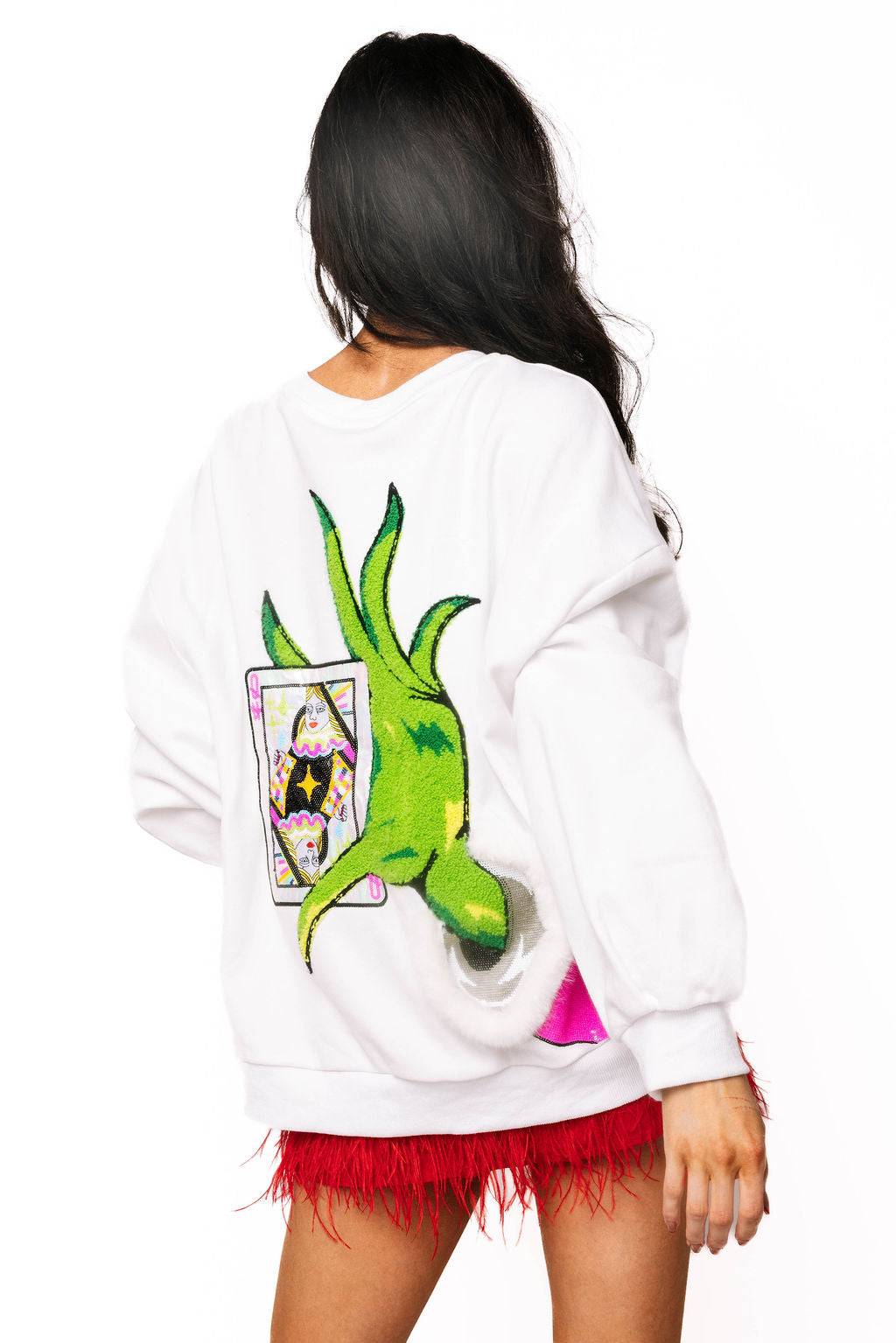 White & Green Hand Holding QOS Card Sweatshirt