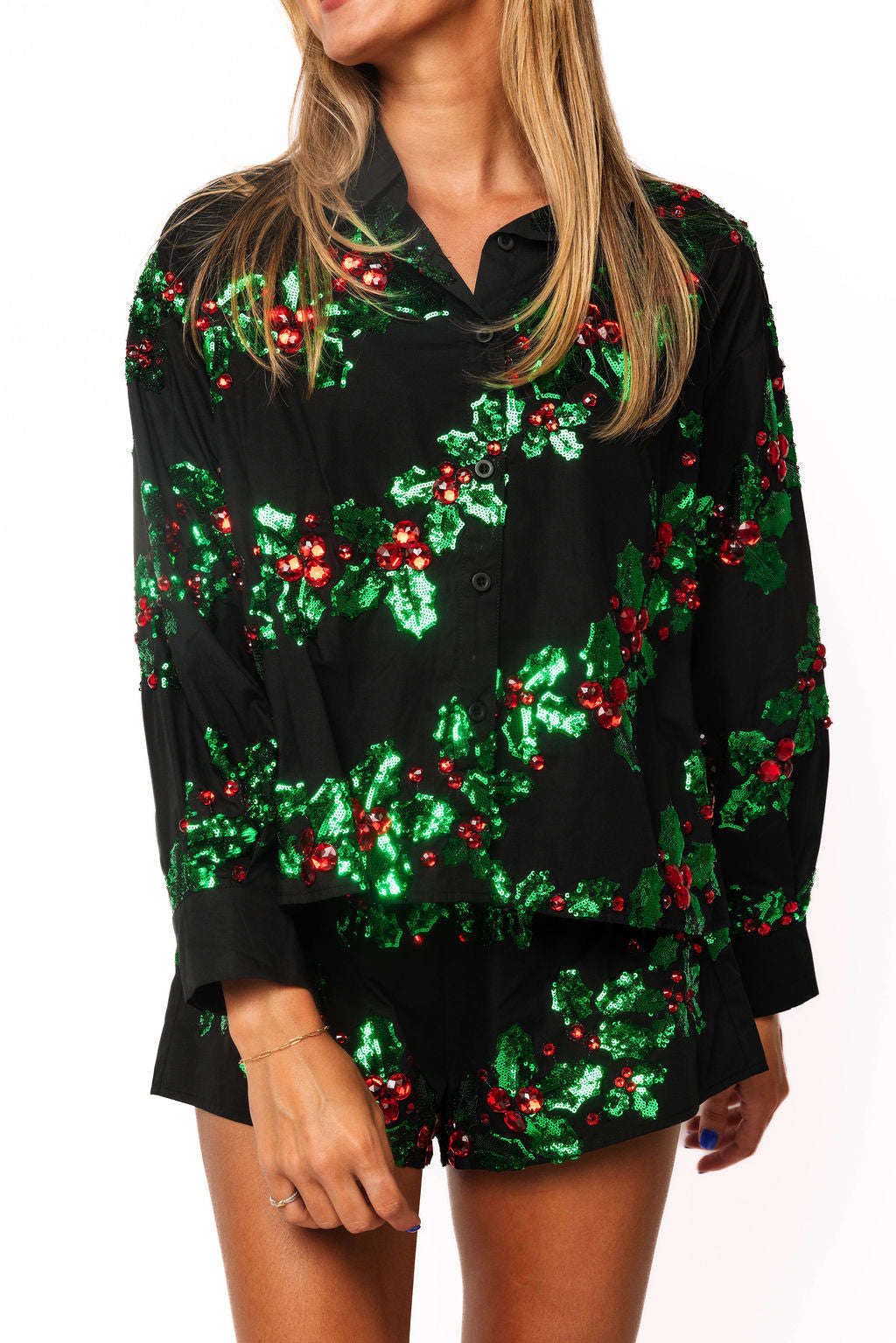Black, Green. & Red Holly Cotton Button Up Top