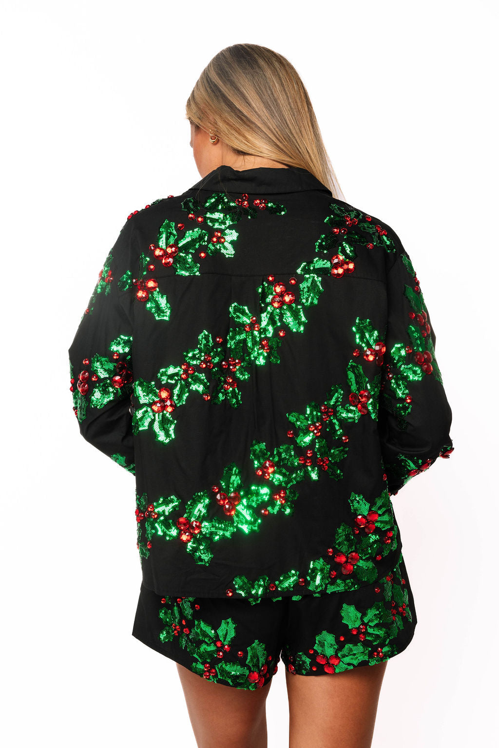 Black, Green. & Red Holly Cotton Button Up Top