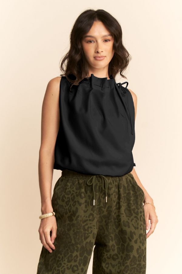 Black Solid Sleeveless Cowl Neck Tie Detail Top