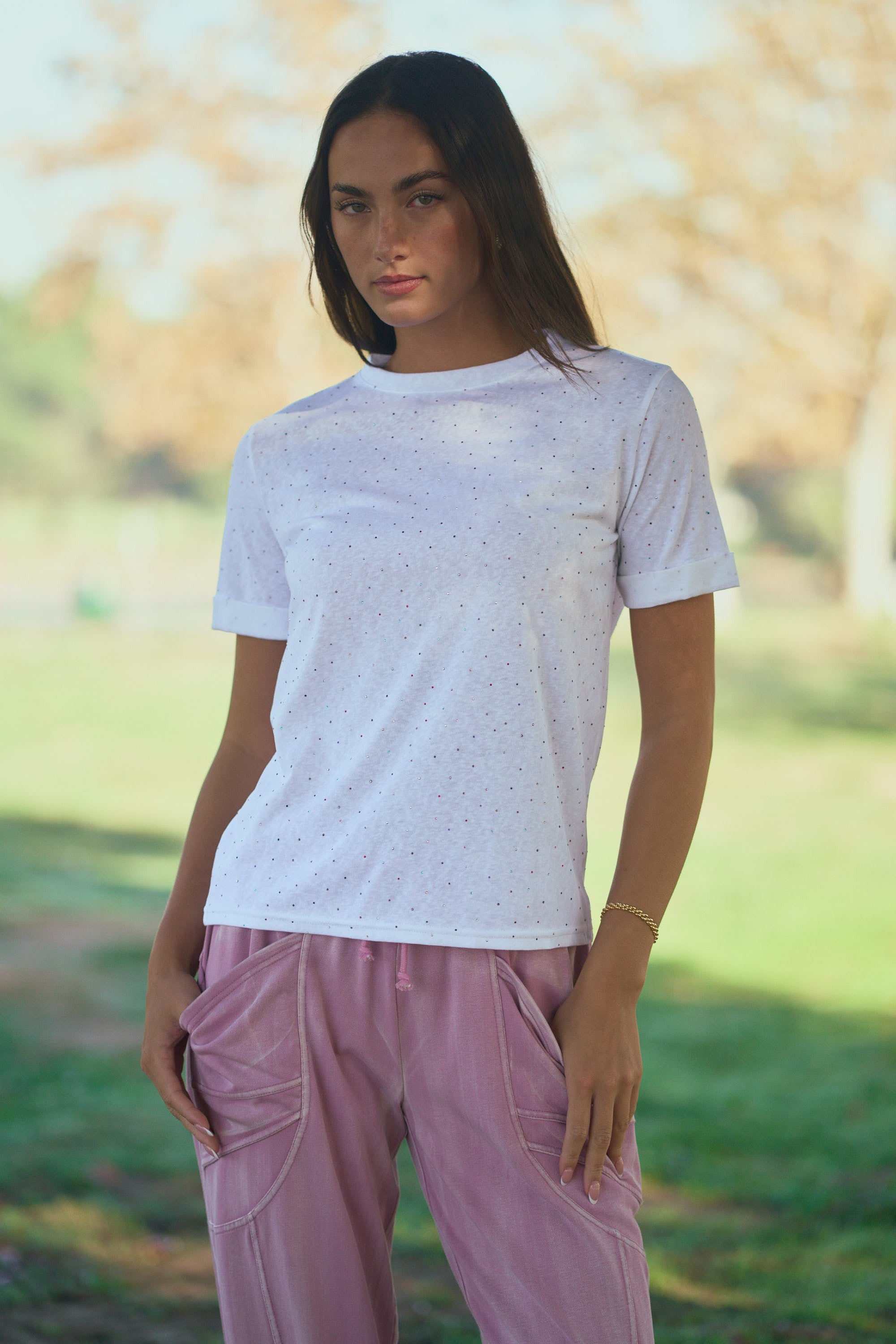 White Rhinestone Embellished Crew Neck Tee
