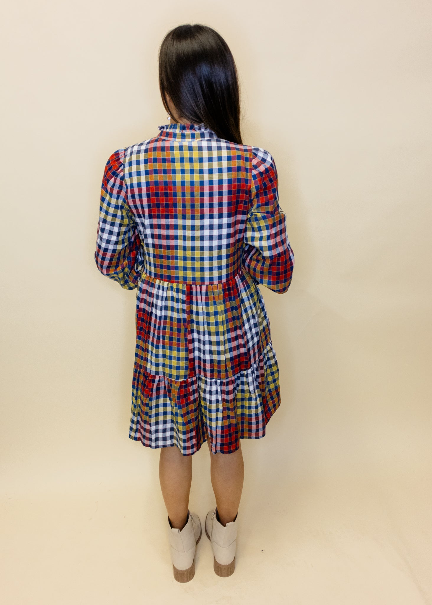 Gingham Long Sleeve Tiered Dress