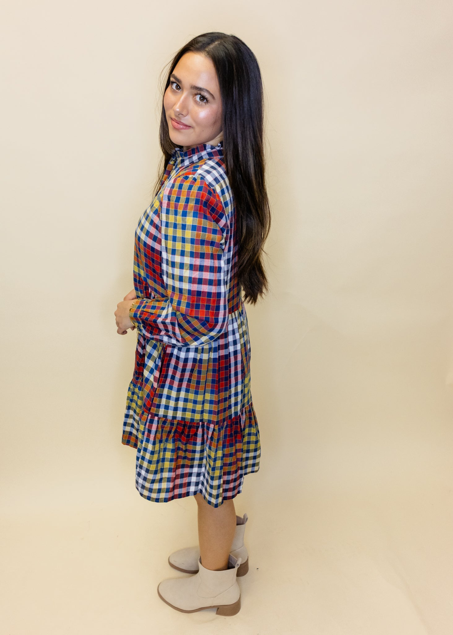 Gingham Long Sleeve Tiered Dress