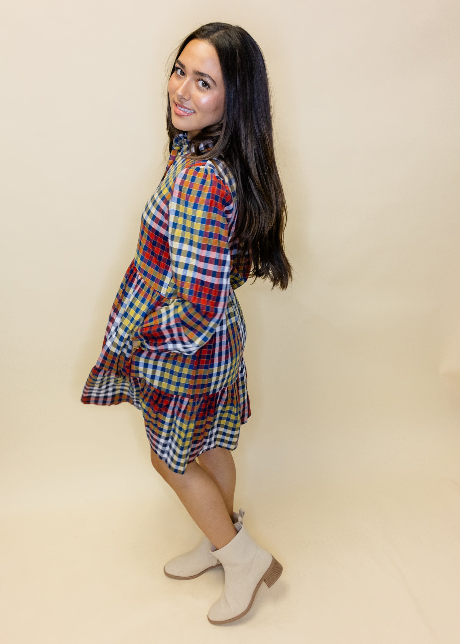 Gingham Long Sleeve Tiered Dress
