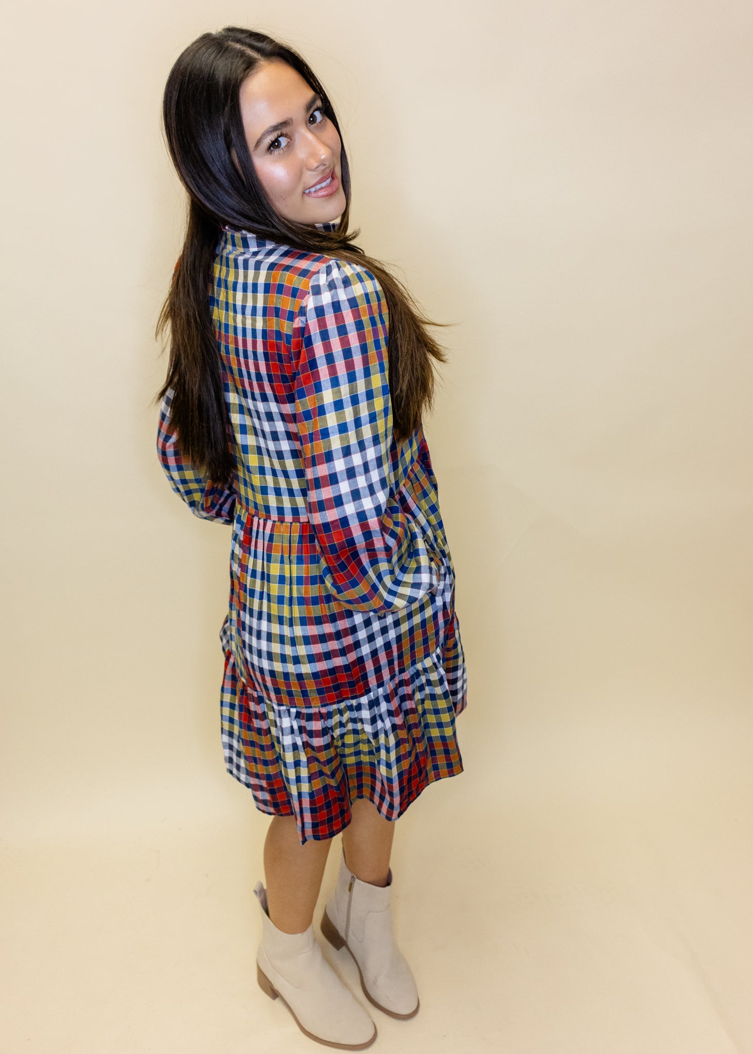 Gingham Long Sleeve Tiered Dress