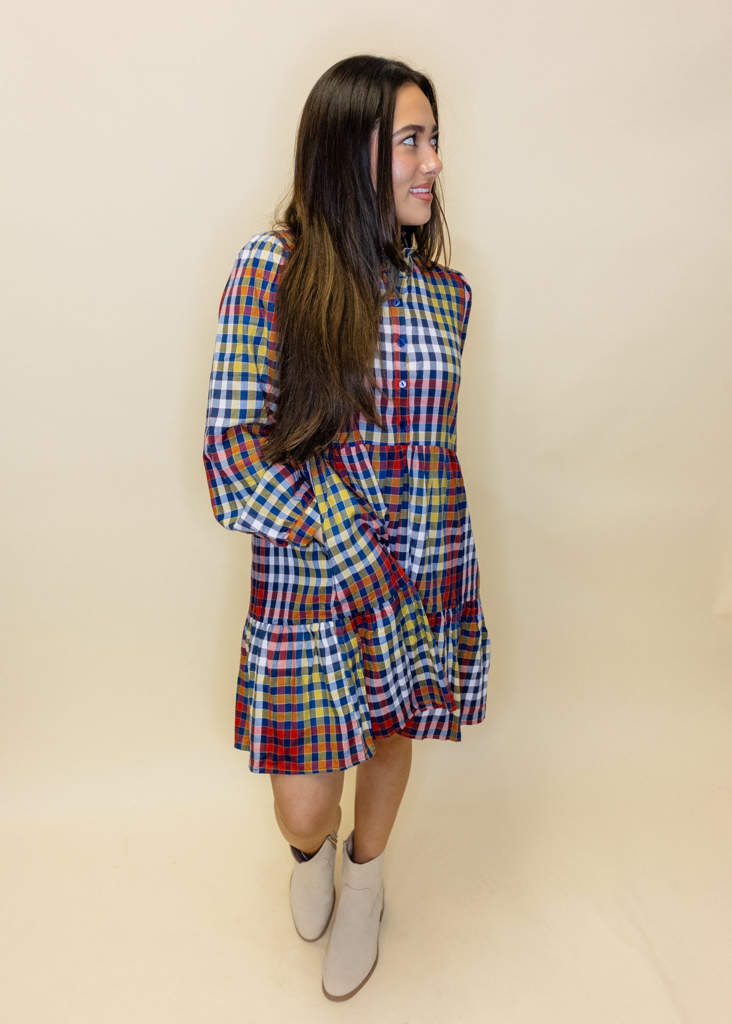 Gingham Long Sleeve Tiered Dress