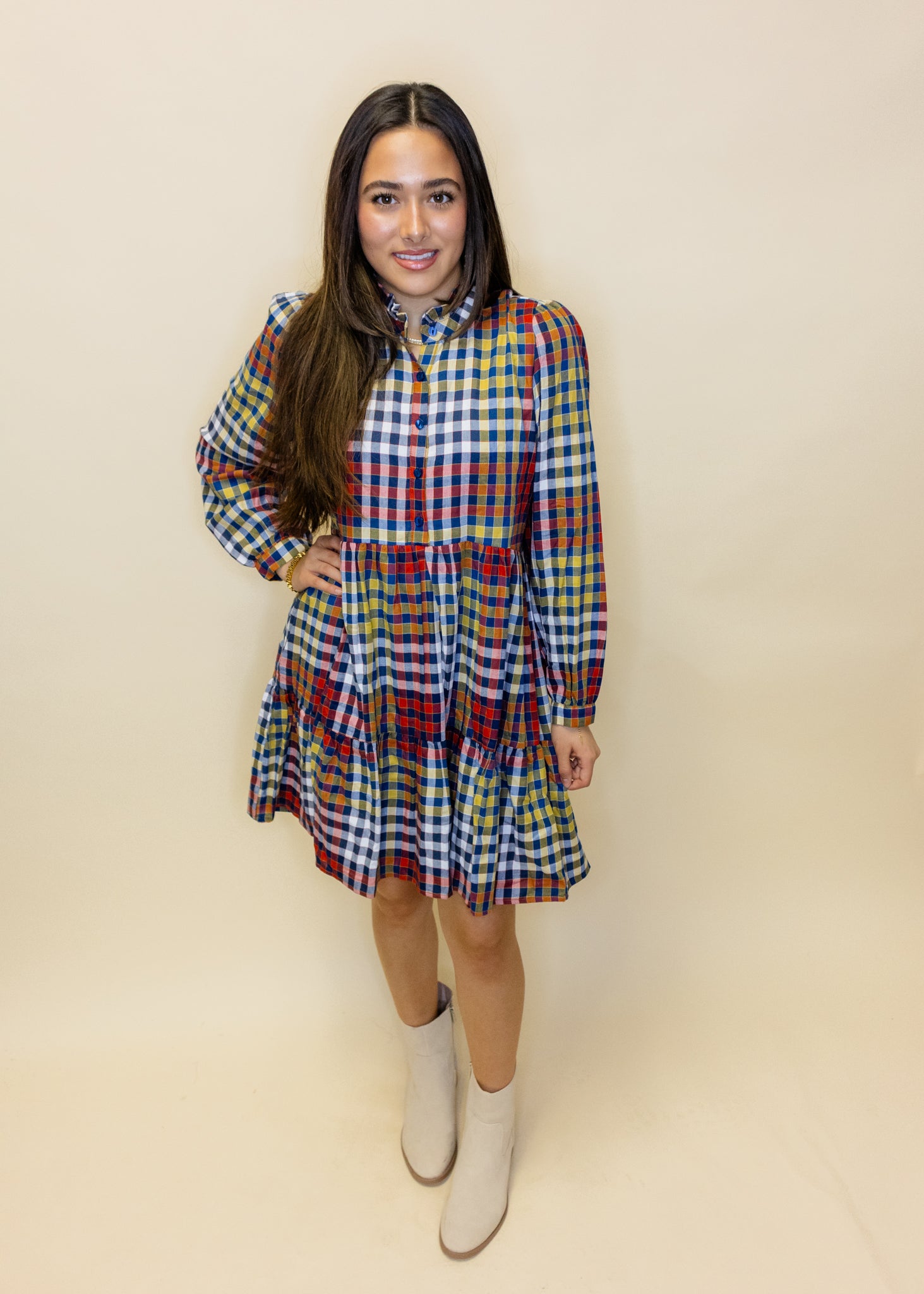 Gingham Long Sleeve Tiered Dress