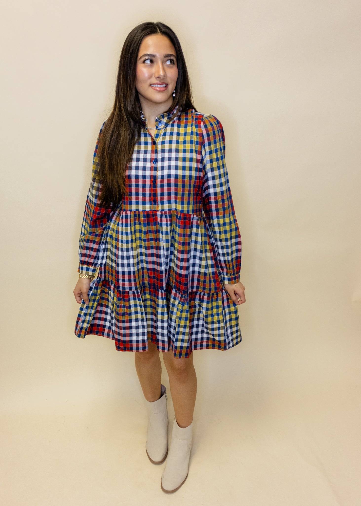 Gingham Long Sleeve Tiered Dress