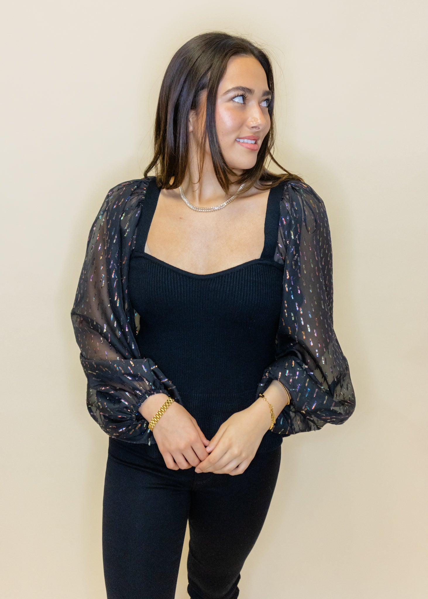 Black Metallic Sleeve Sweater Top