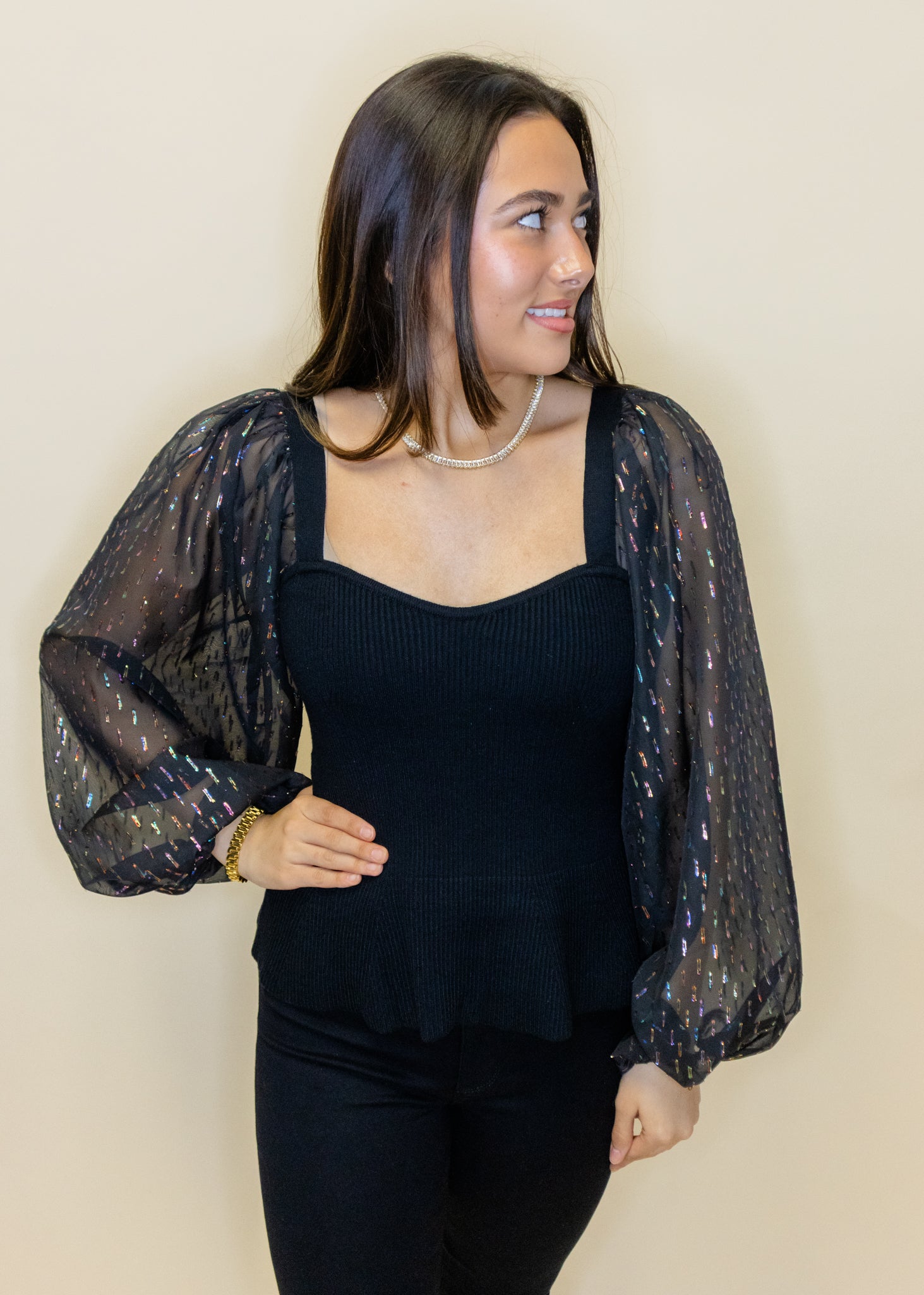 Black Metallic Sleeve Sweater Top