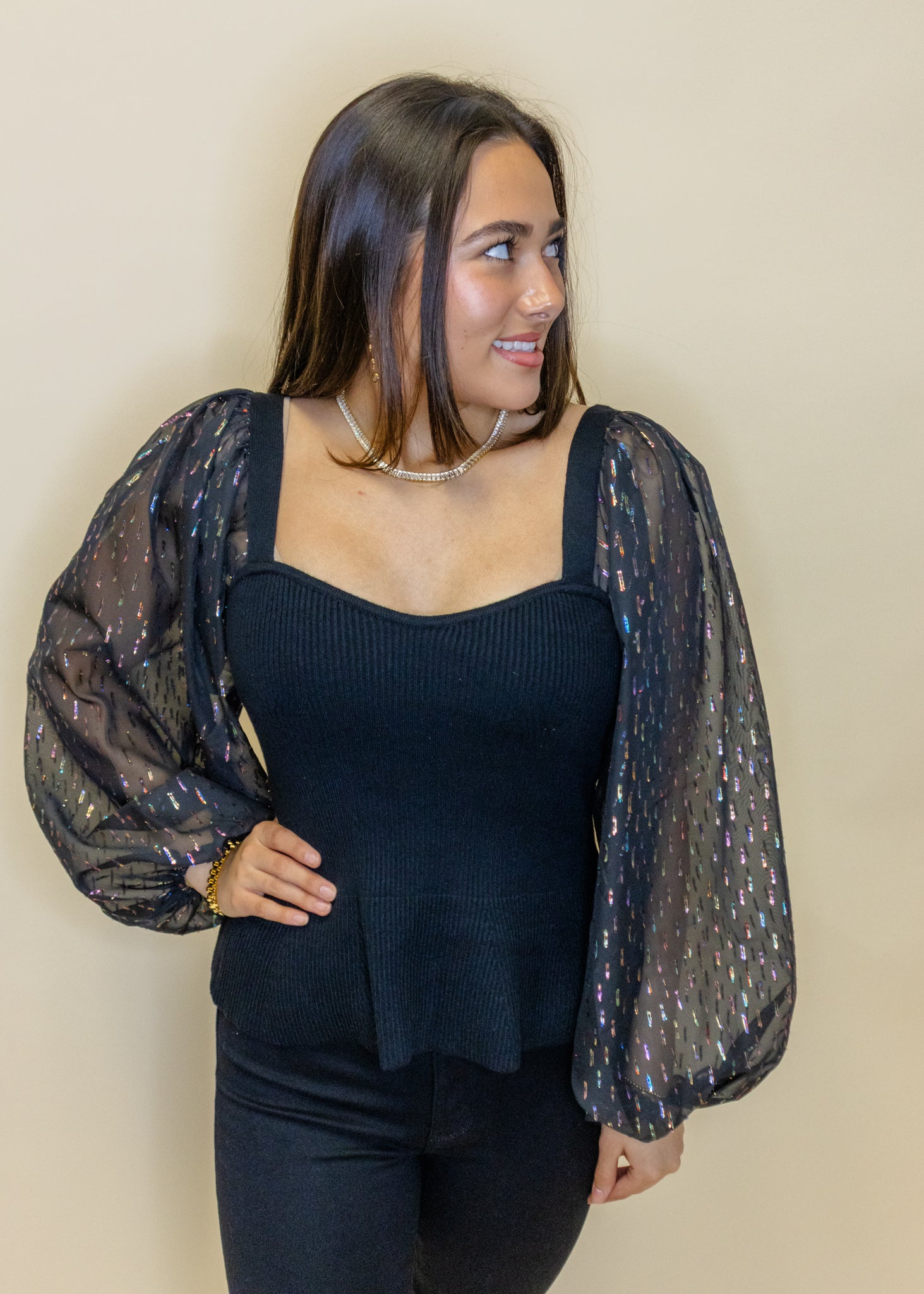 Black Metallic Sleeve Sweater Top