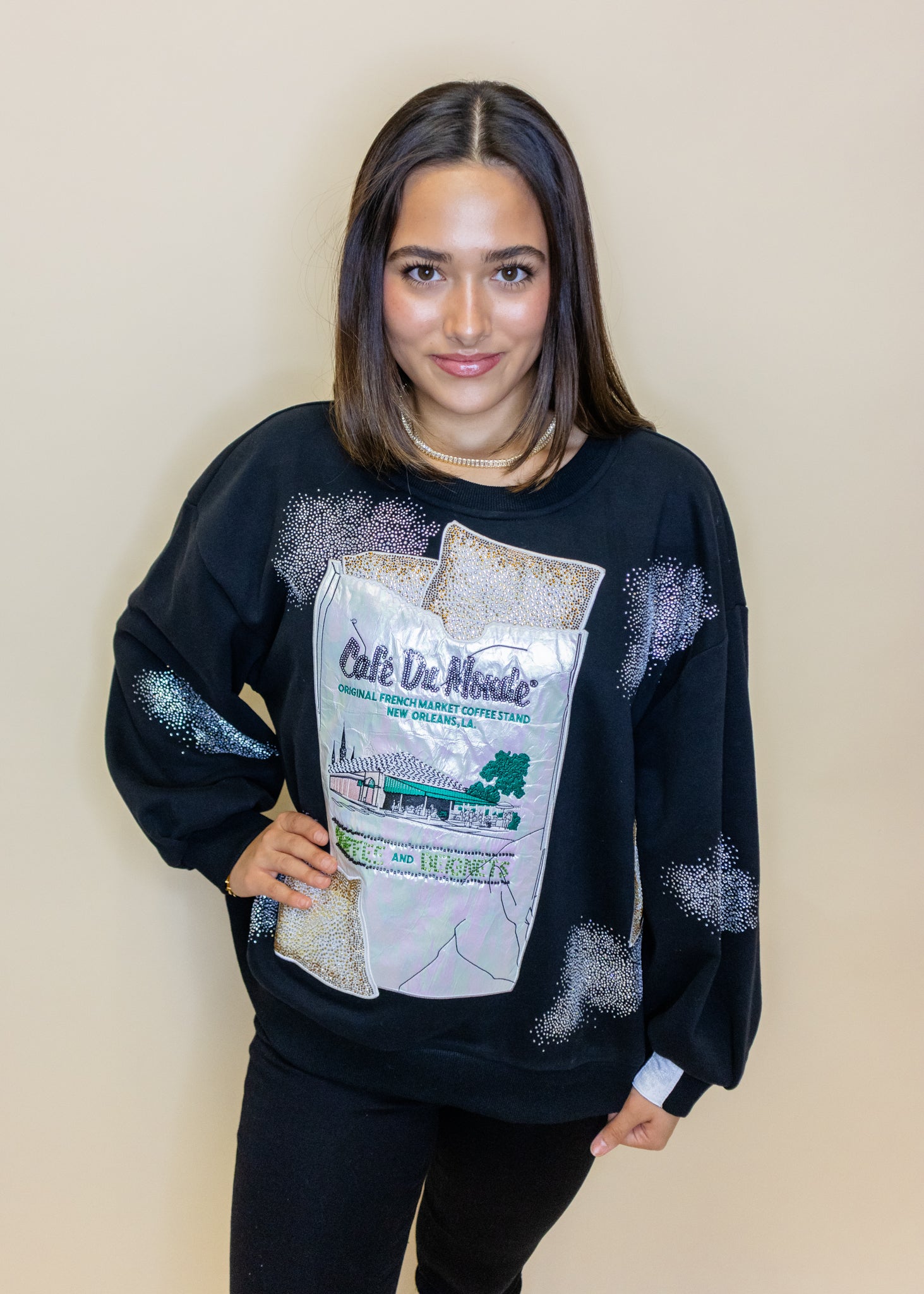 Licensed Black 'Café Du Monde' Beignet Bag & Powdered Sugar Sweatshirt