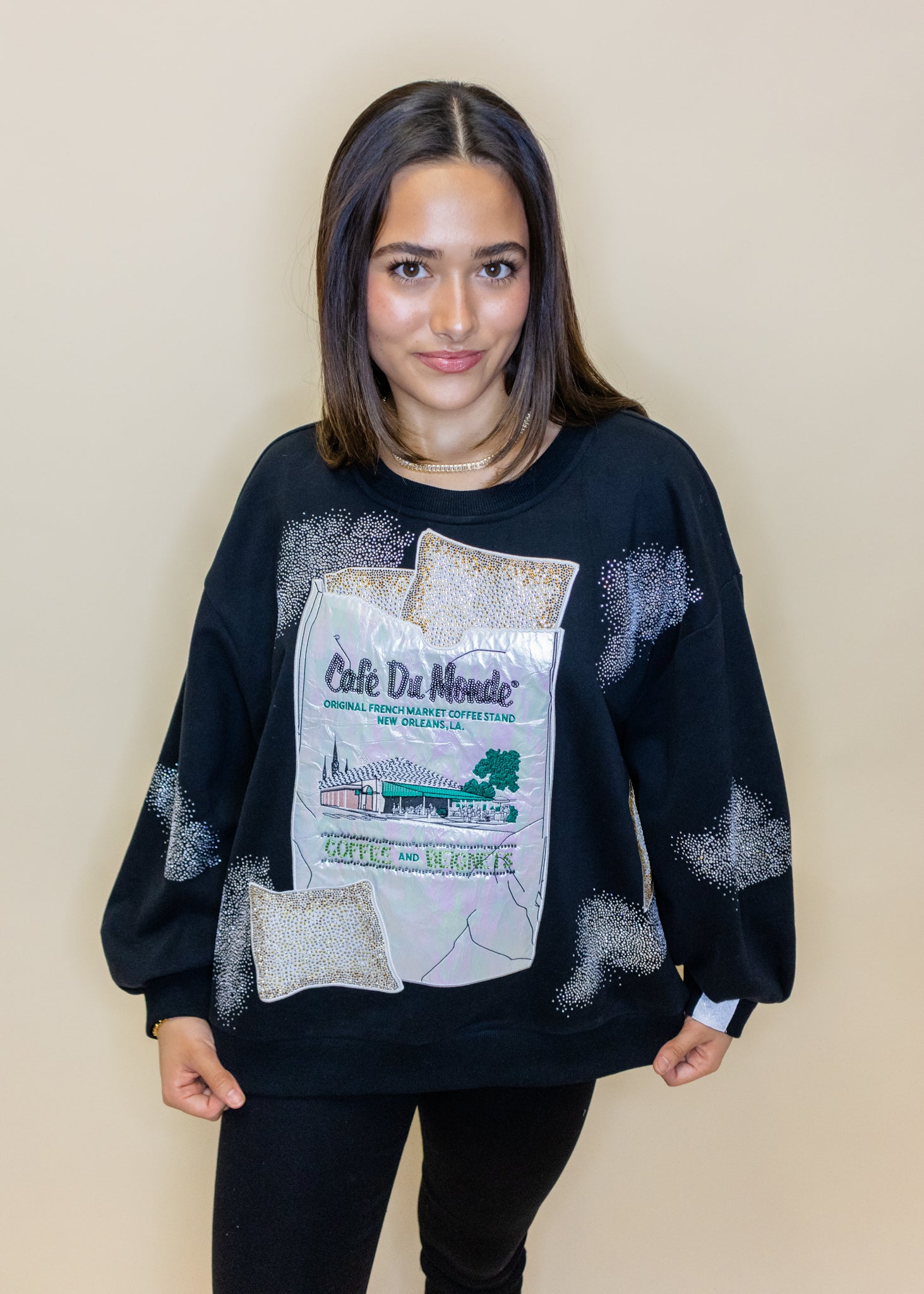 Licensed Black 'Café Du Monde' Beignet Bag & Powdered Sugar Sweatshirt