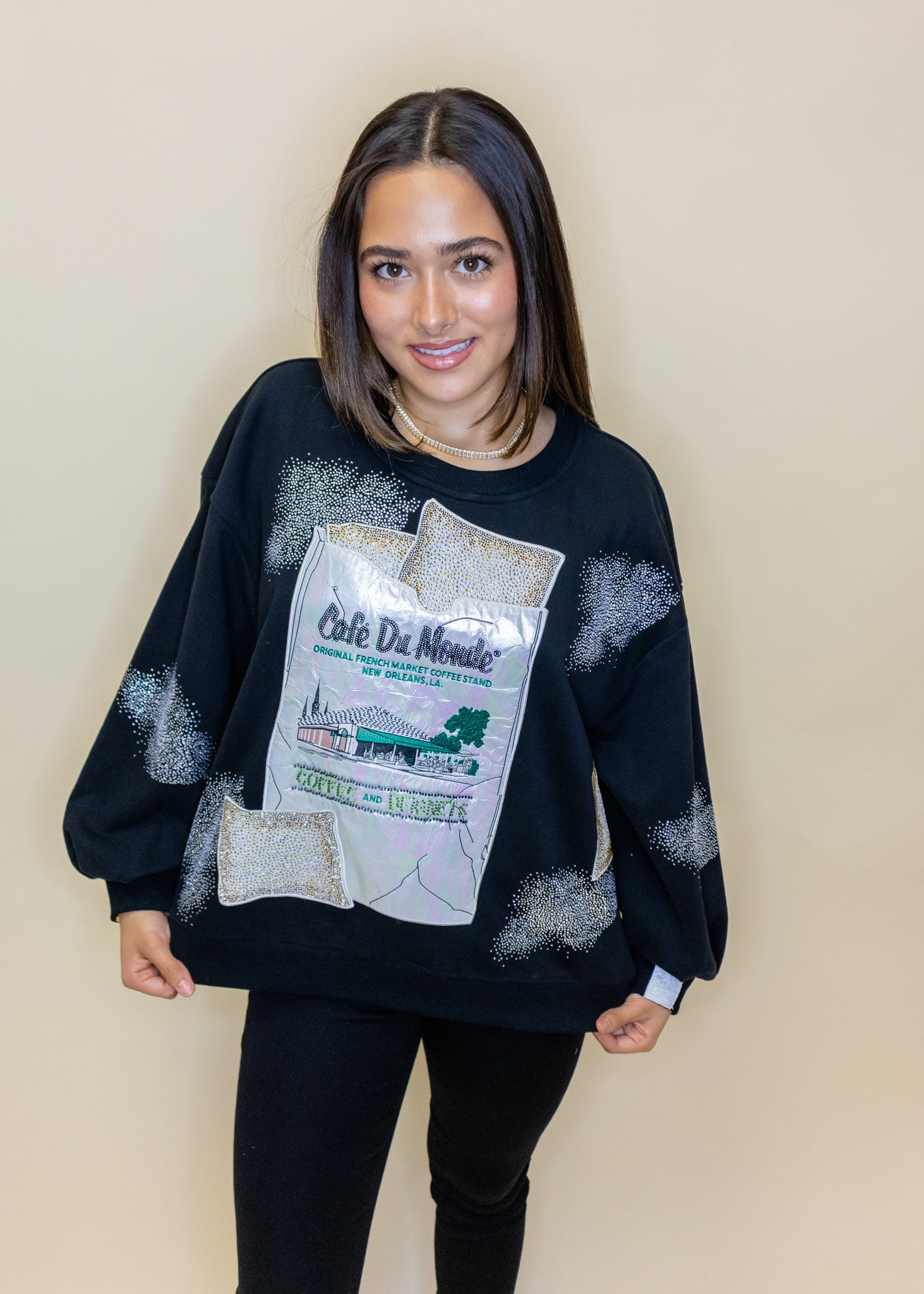 Licensed Black 'Café Du Monde' Beignet Bag & Powdered Sugar Sweatshirt