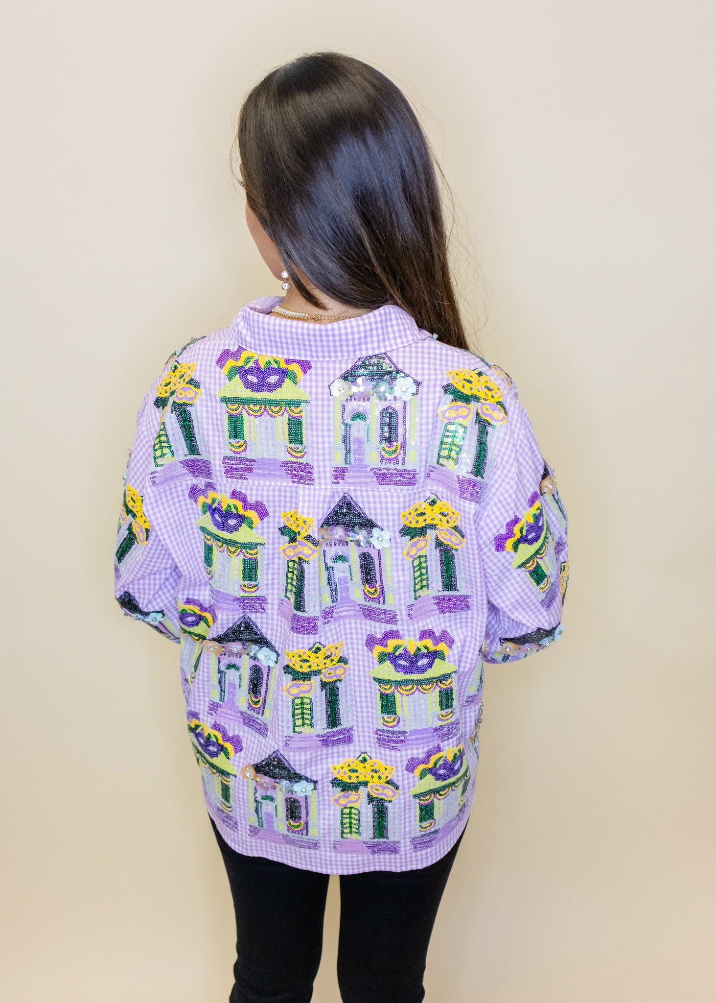 Purple & White Diamond Mardi Gras Porches Button Up Top