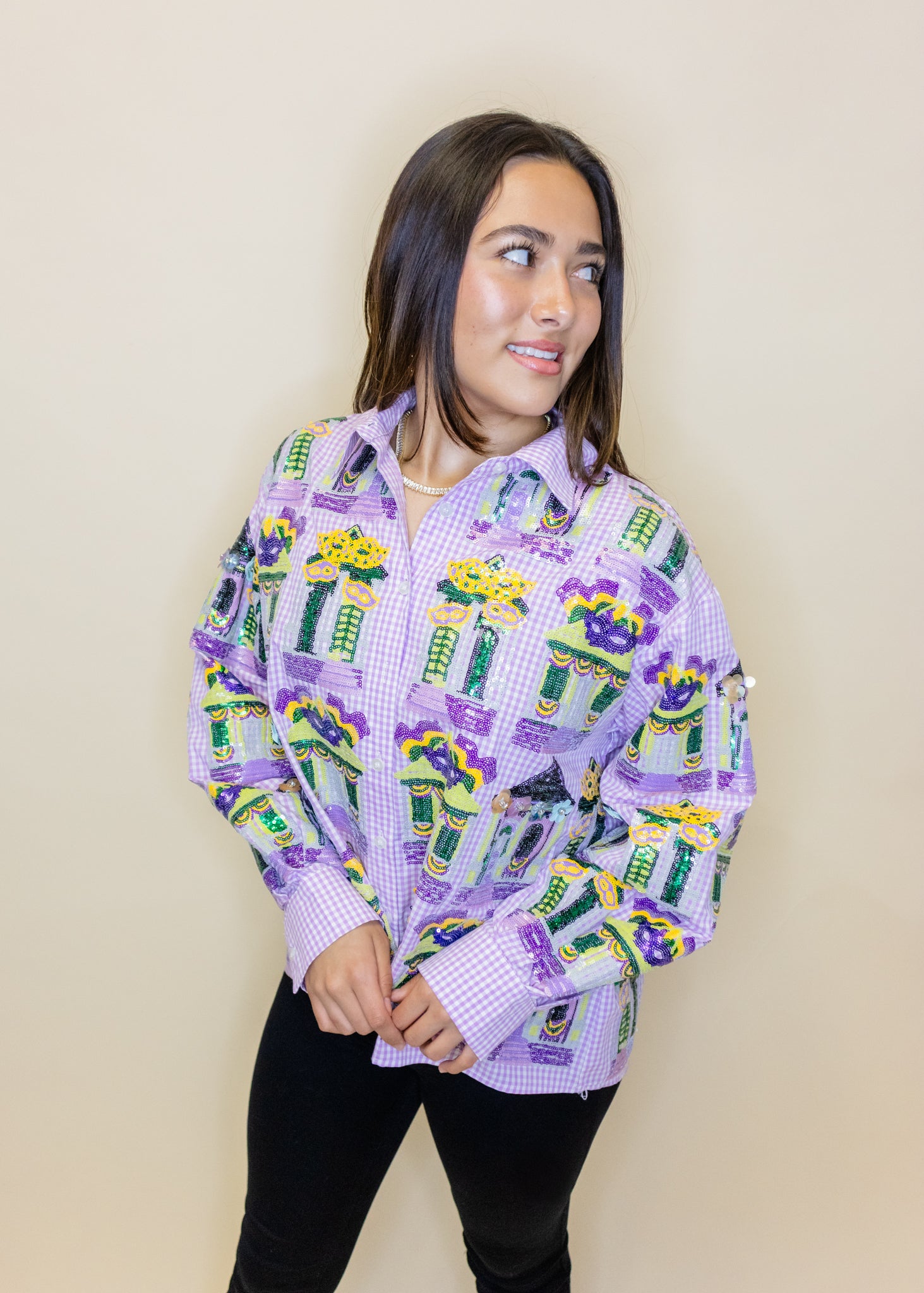 Purple & White Diamond Mardi Gras Porches Button Up Top
