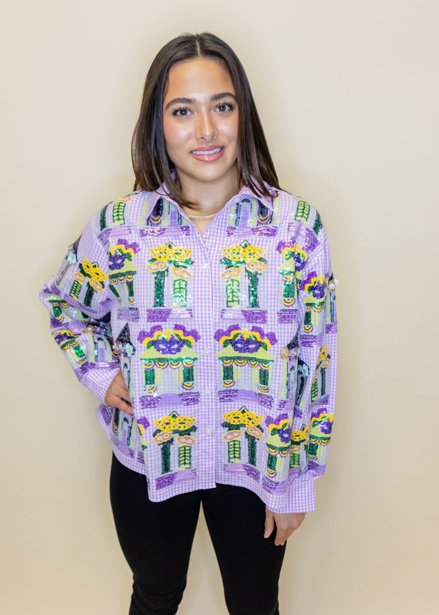 Purple & White Diamond Mardi Gras Porches Button Up Top