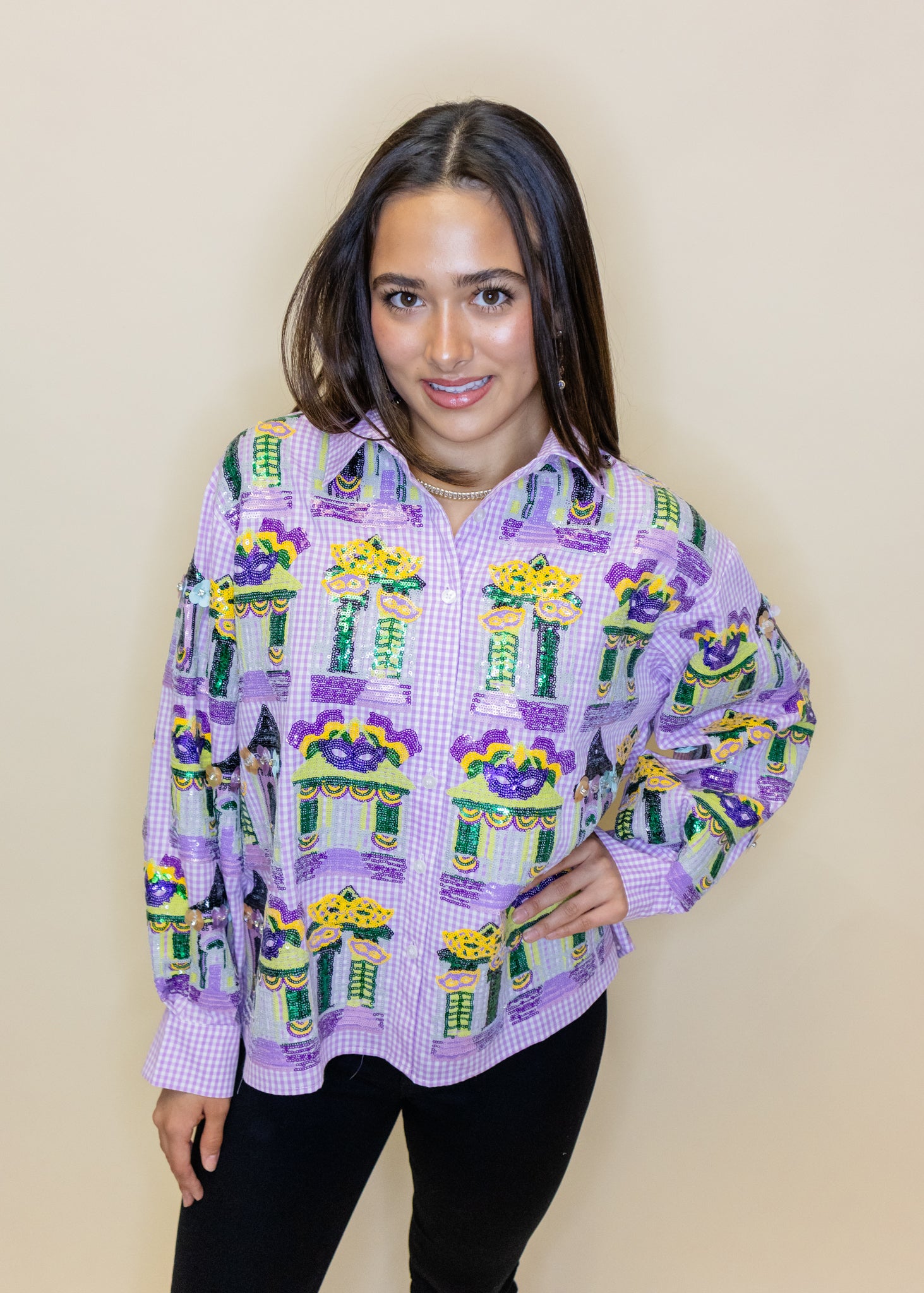 Purple & White Diamond Mardi Gras Porches Button Up Top