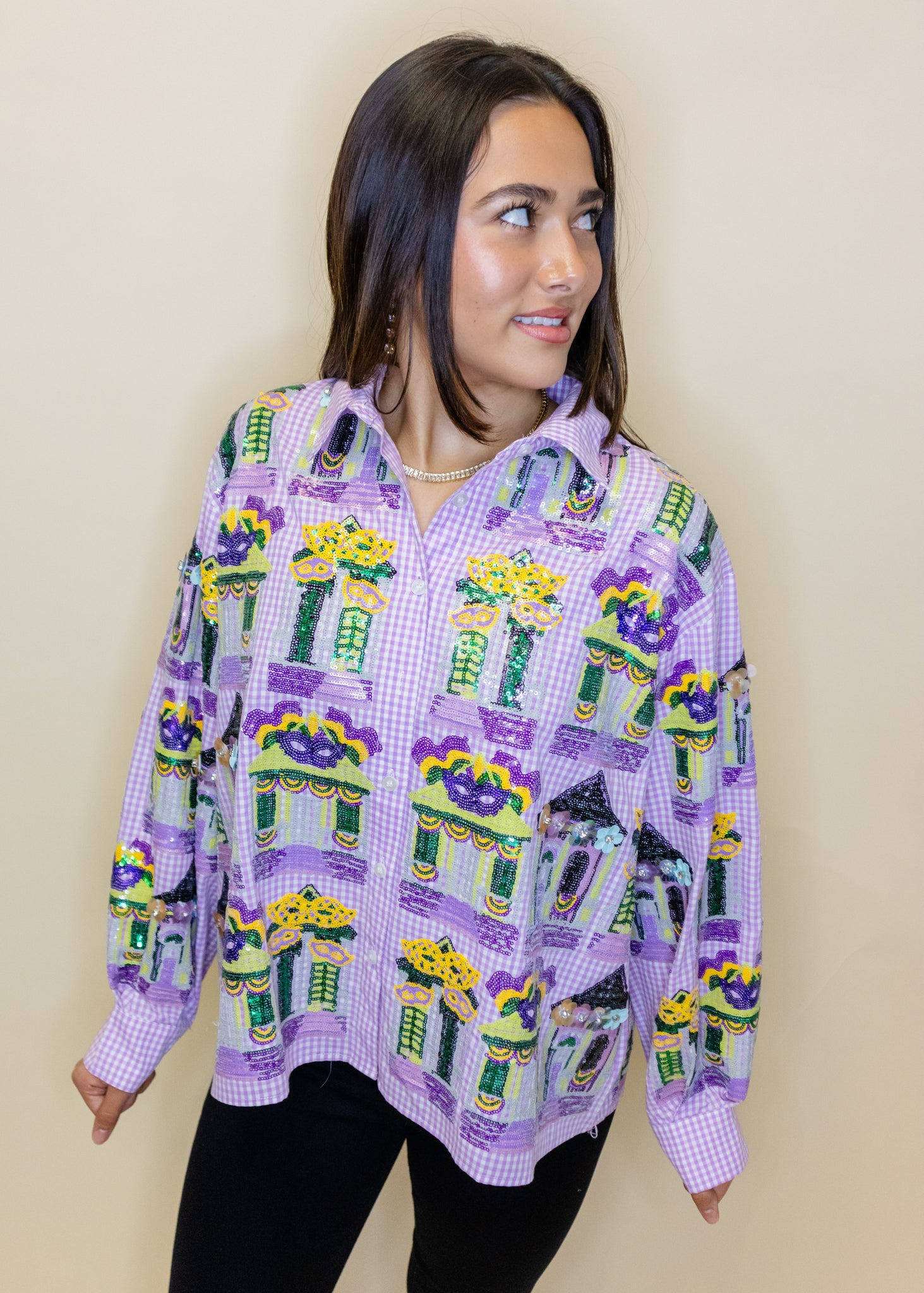 Purple & White Diamond Mardi Gras Porches Button Up Top
