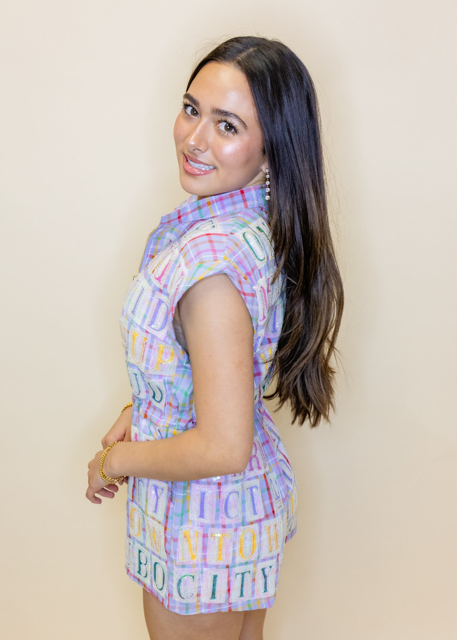 Lavender Plaid Street Tile Zip Up Romper