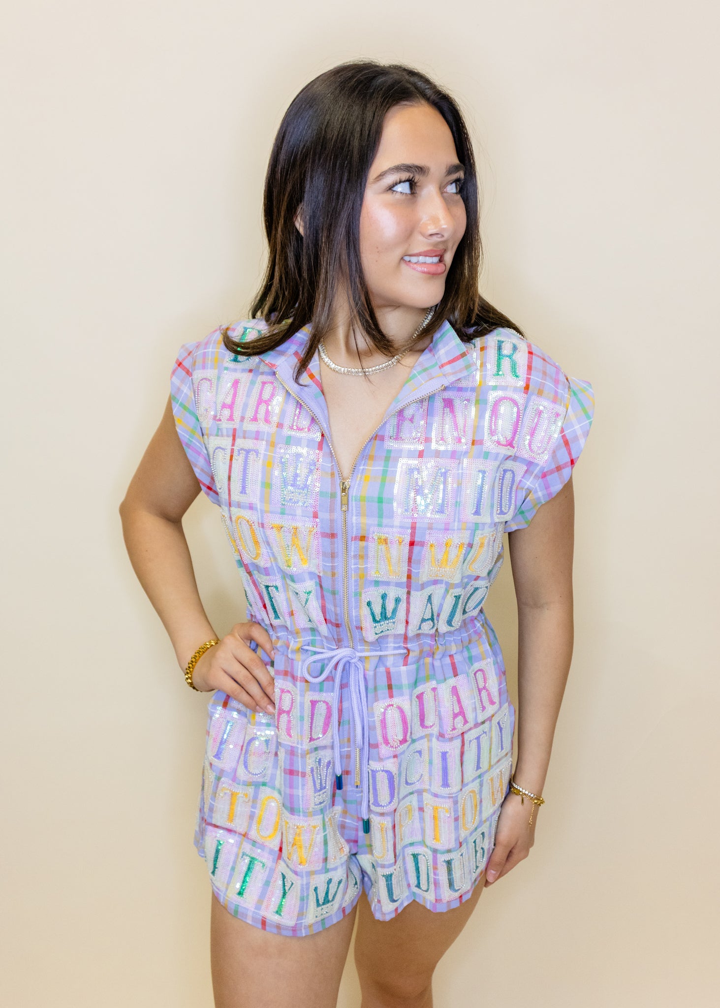 Lavender Plaid Street Tile Zip Up Romper