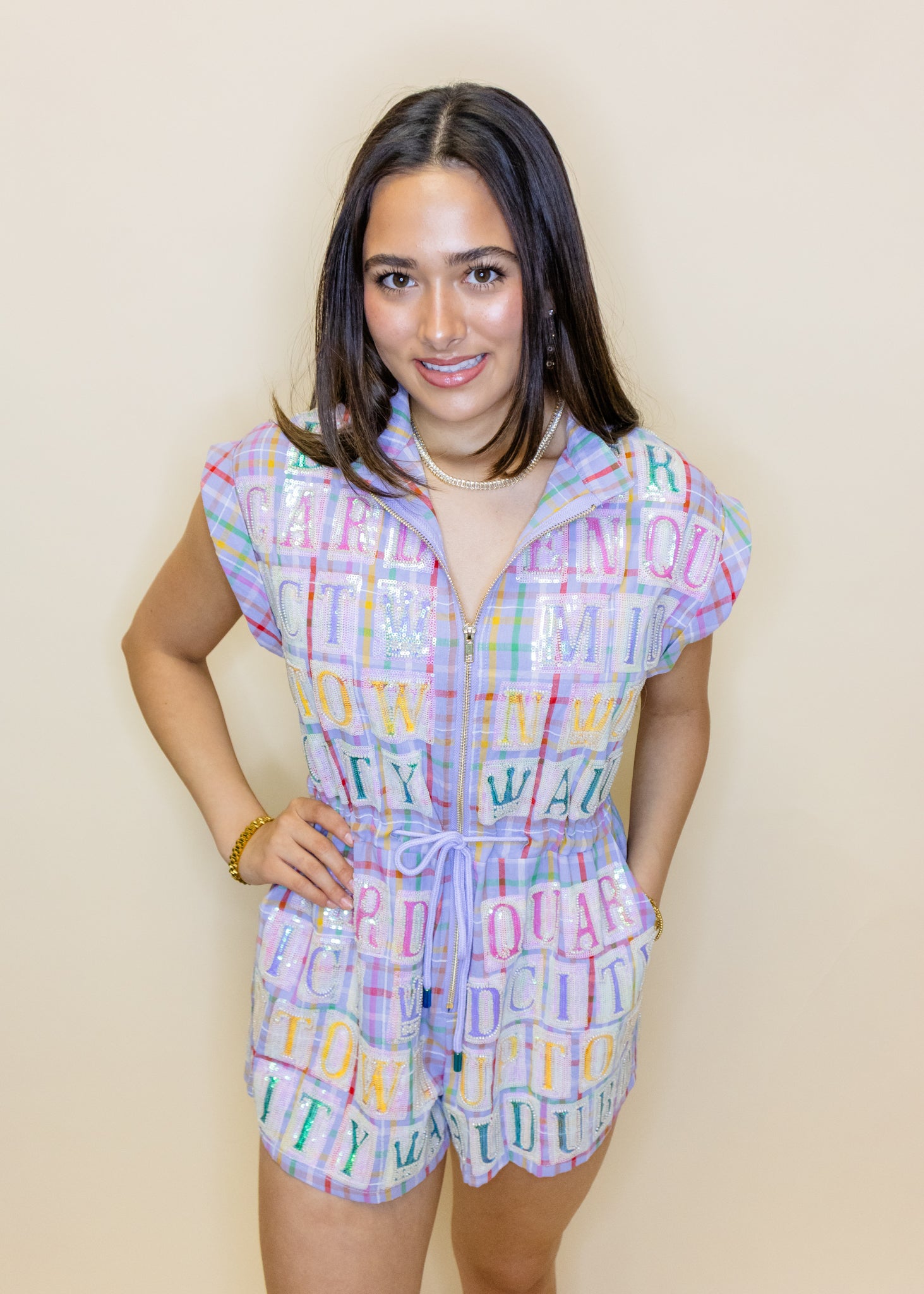 Lavender Plaid Street Tile Zip Up Romper
