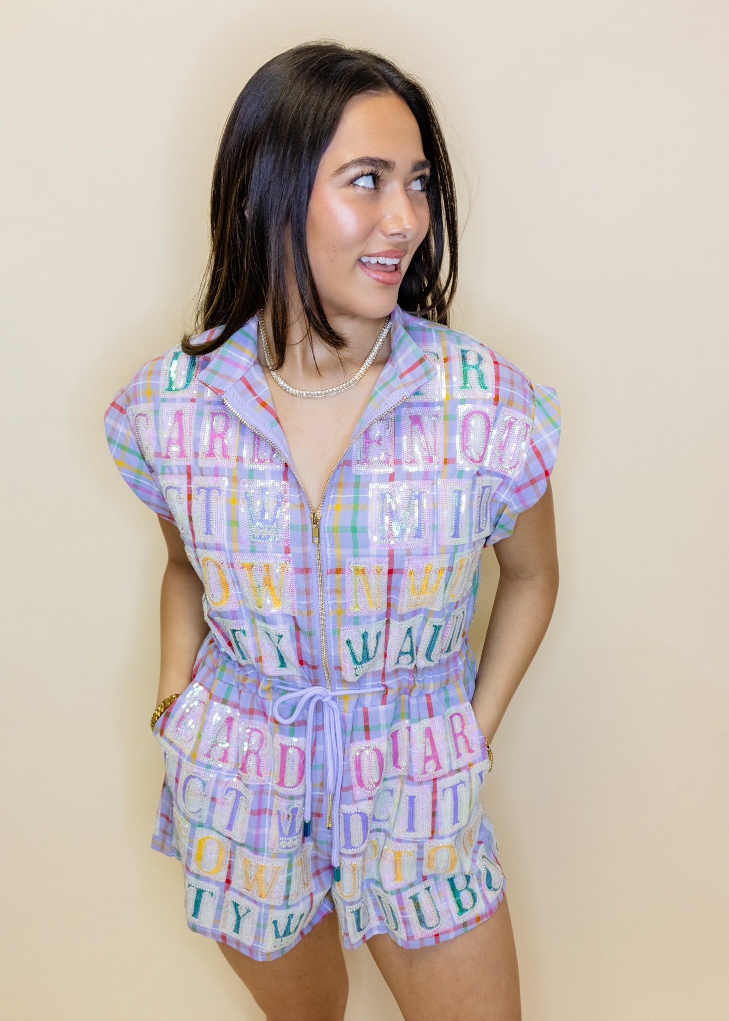 Lavender Plaid Street Tile Zip Up Romper