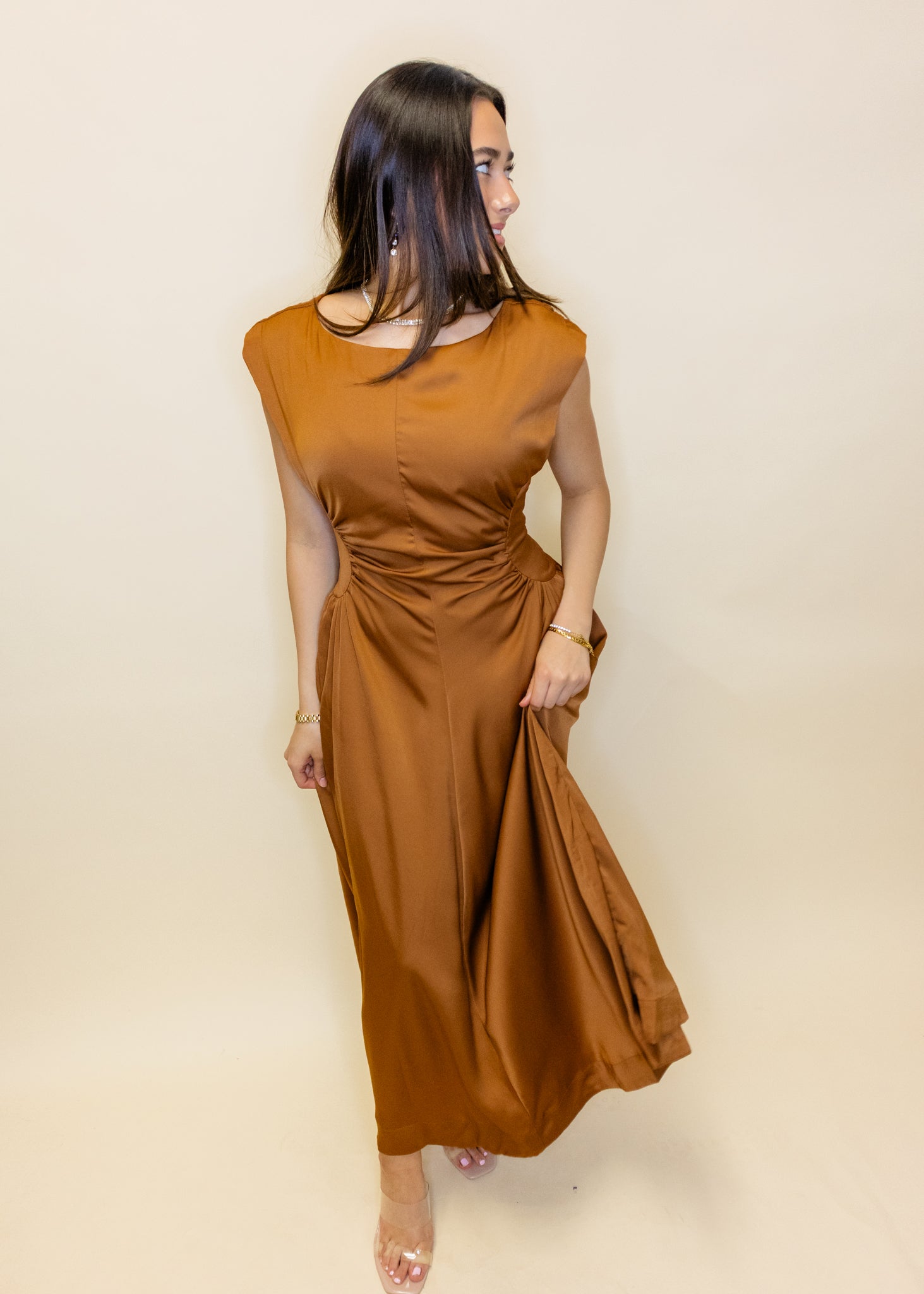 Terra Cotta Satin Midi Dress