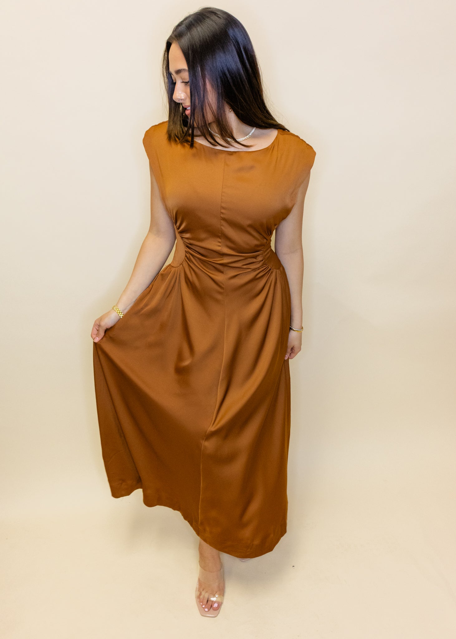Terra Cotta Satin Midi Dress