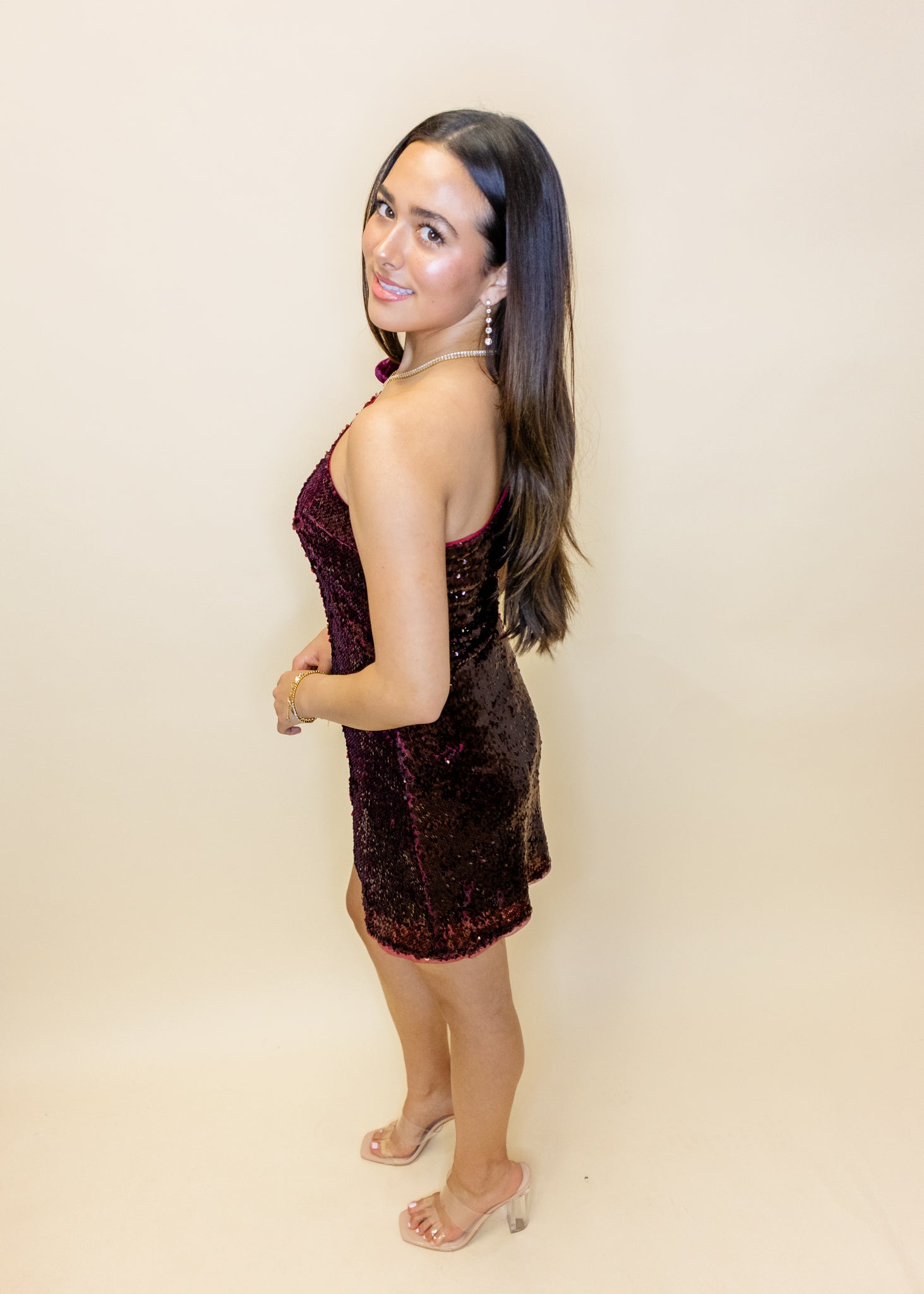 Burgundy Sequin Velvet Bow Dress