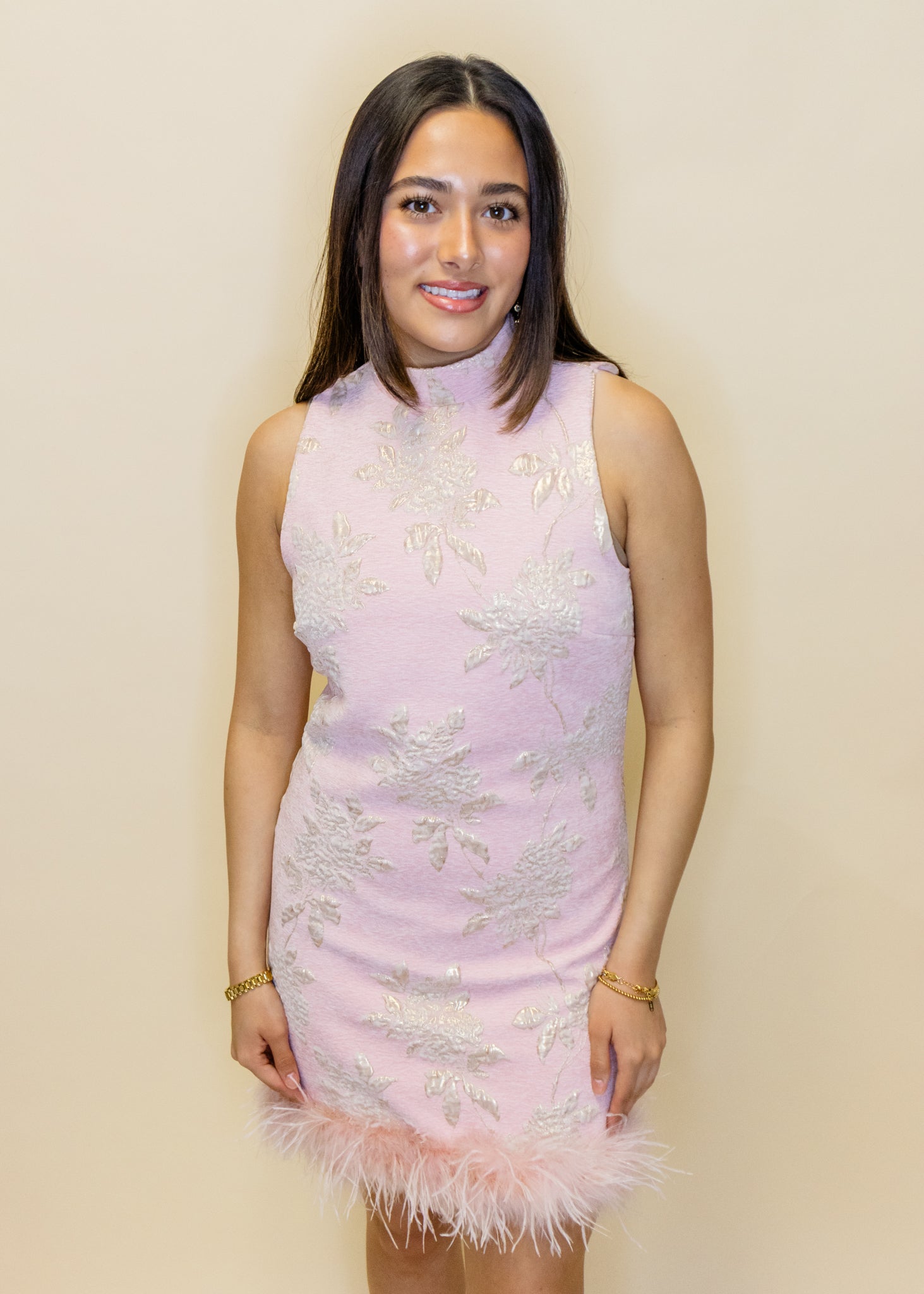 Pink Jacquard Floral Feather Dress