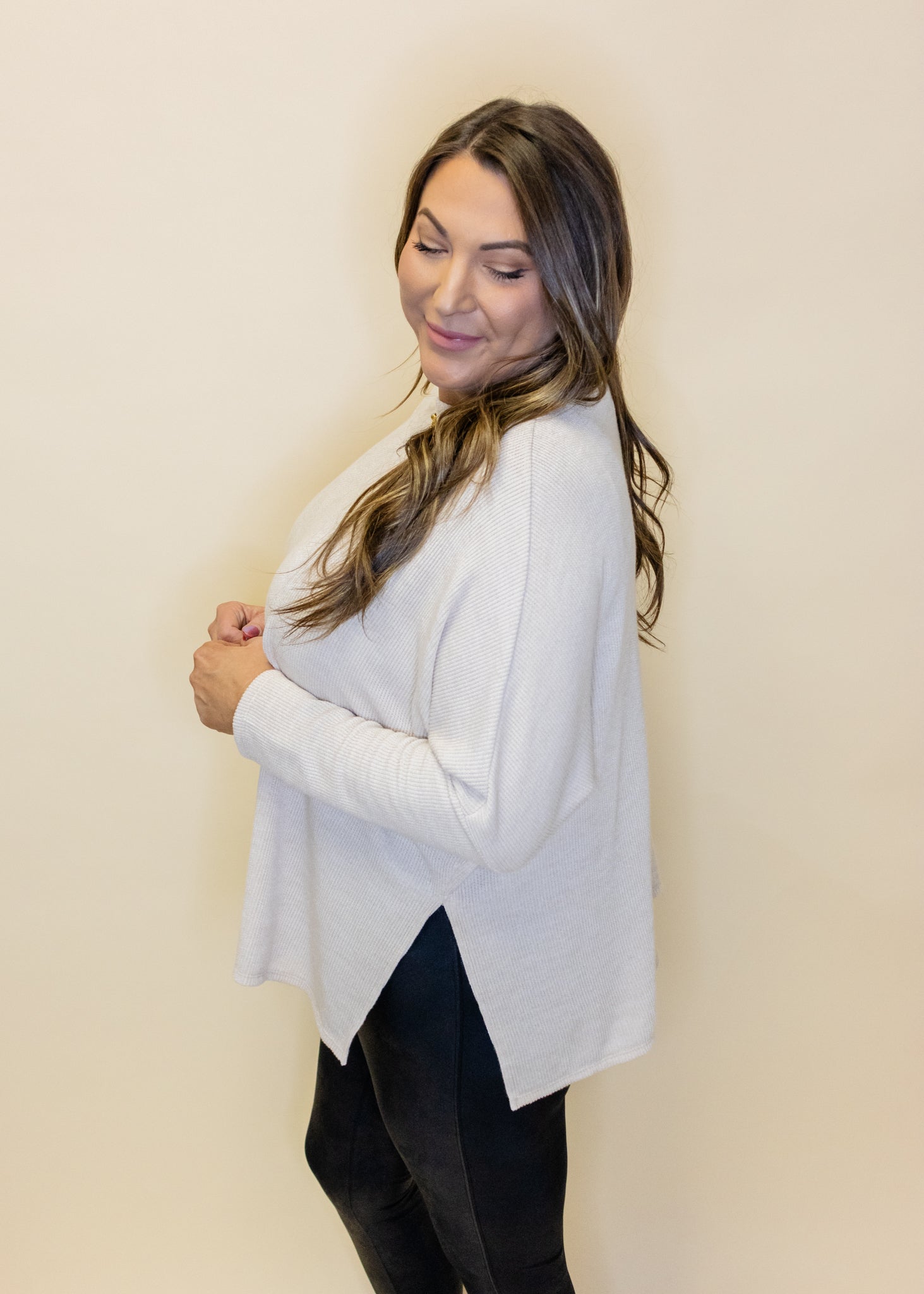 Taupe Long Sleeve Ribbed Top