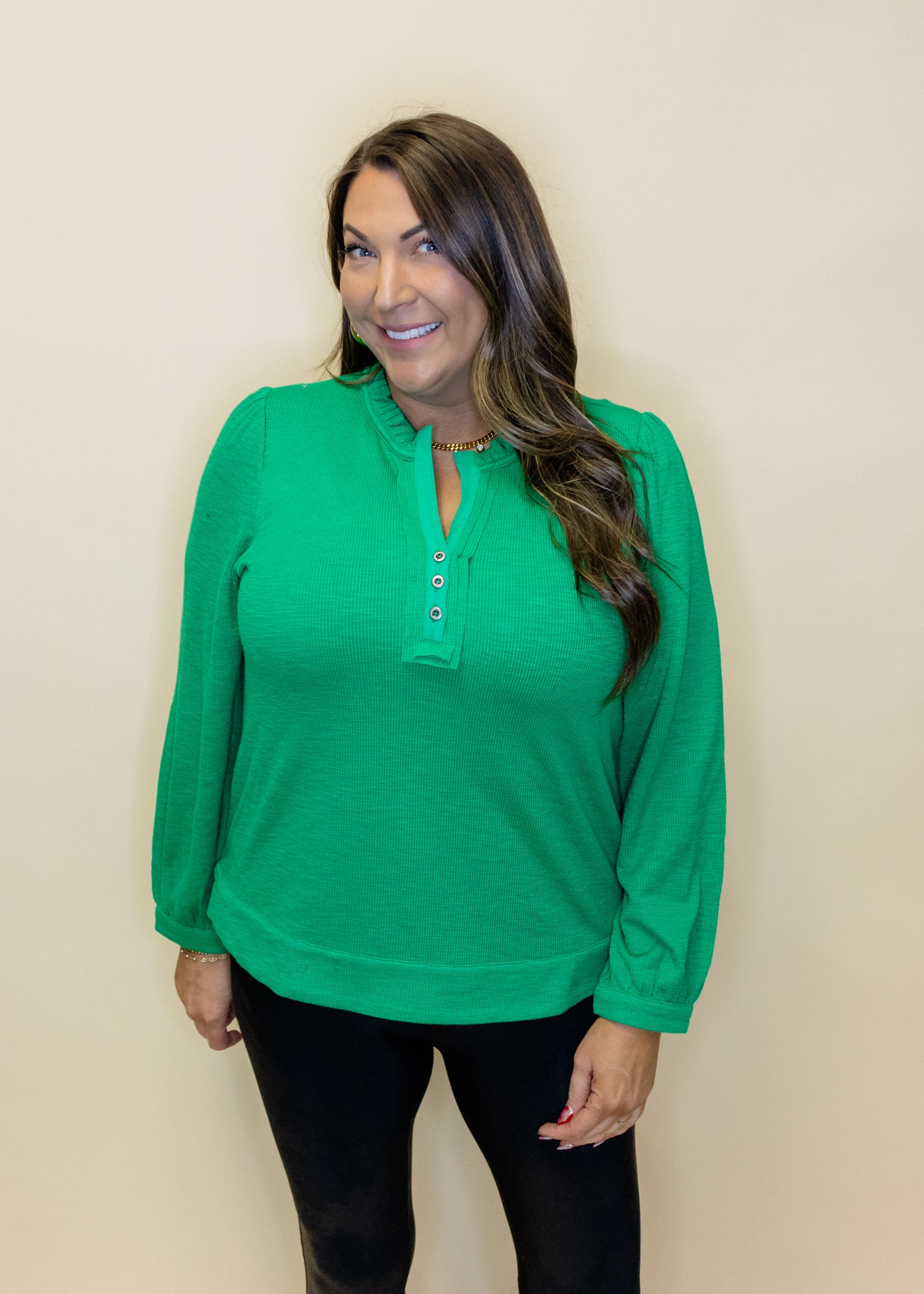 Green Ribbed Henley Top