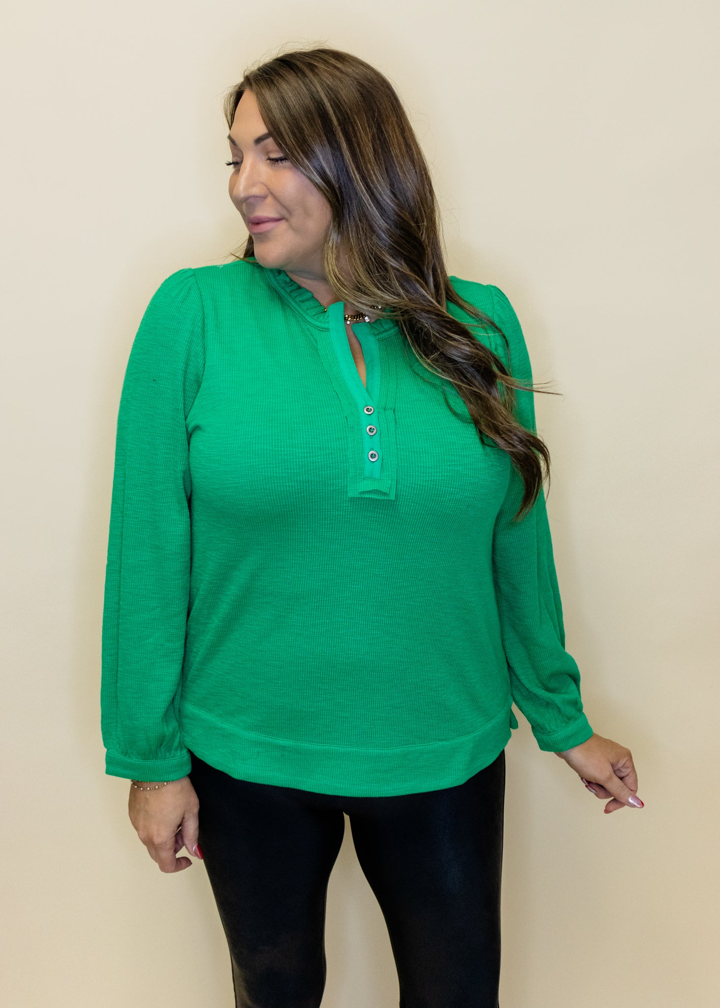 Green Ribbed Henley Top