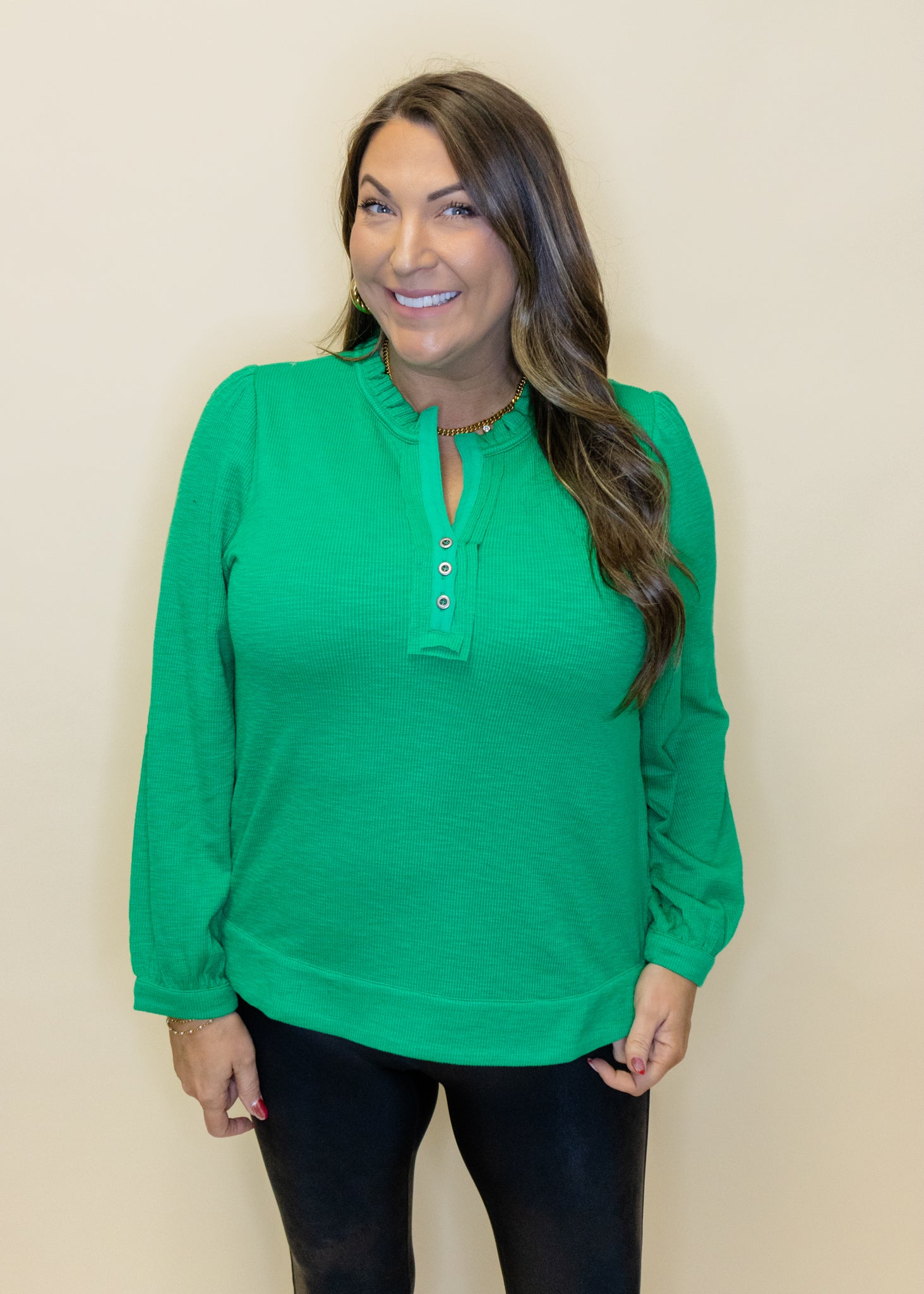Green Ribbed Henley Top