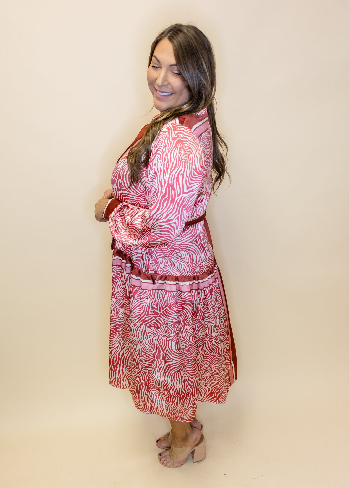 Animal Print Satin Tie Waist Midi Dress