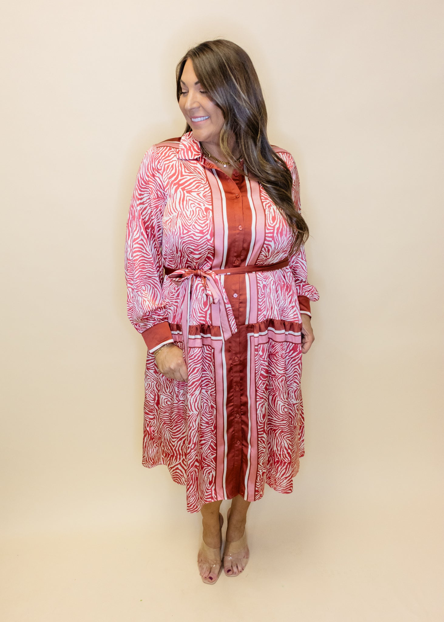 Animal Print Satin Tie Waist Midi Dress