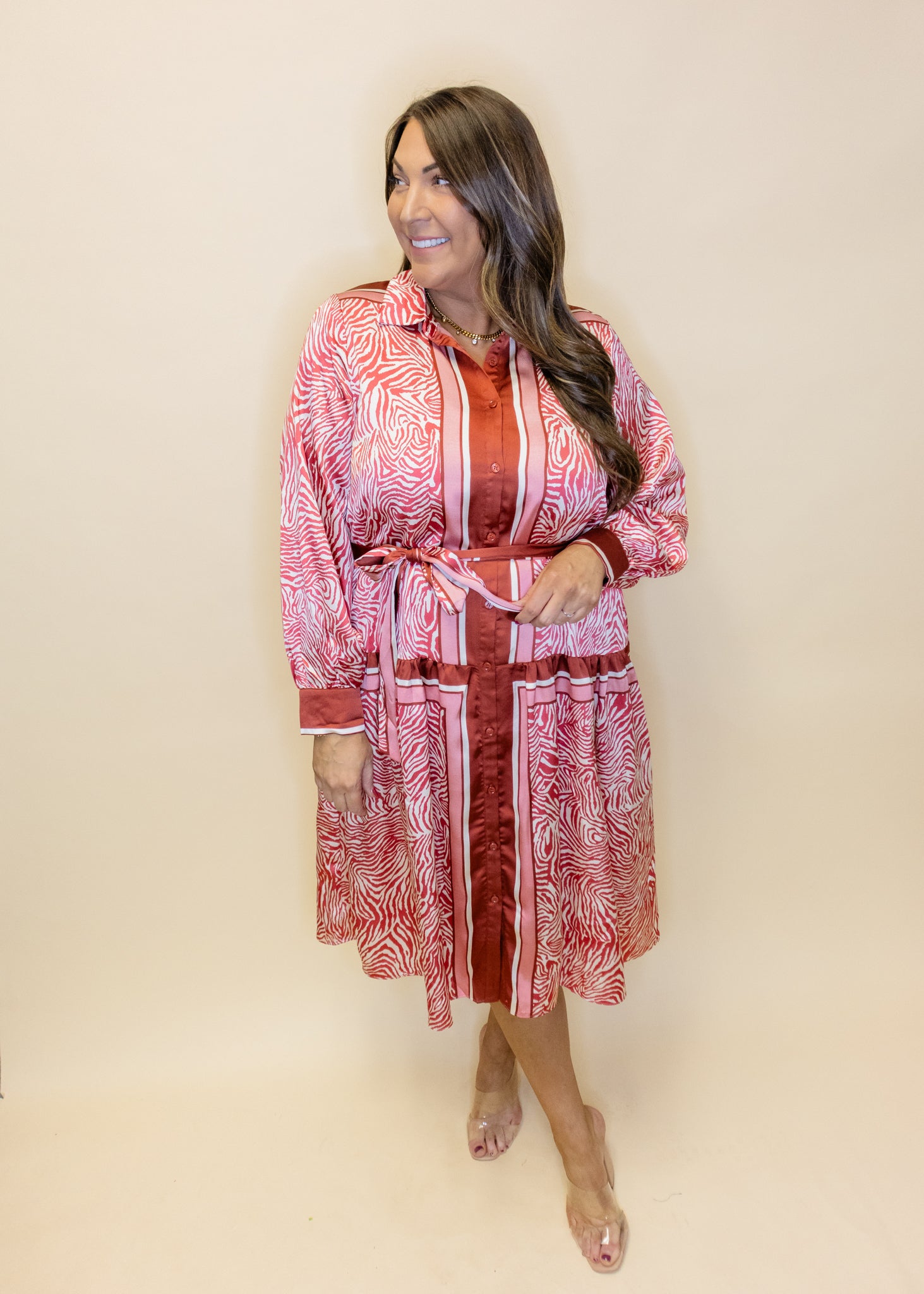 Animal Print Satin Tie Waist Midi Dress