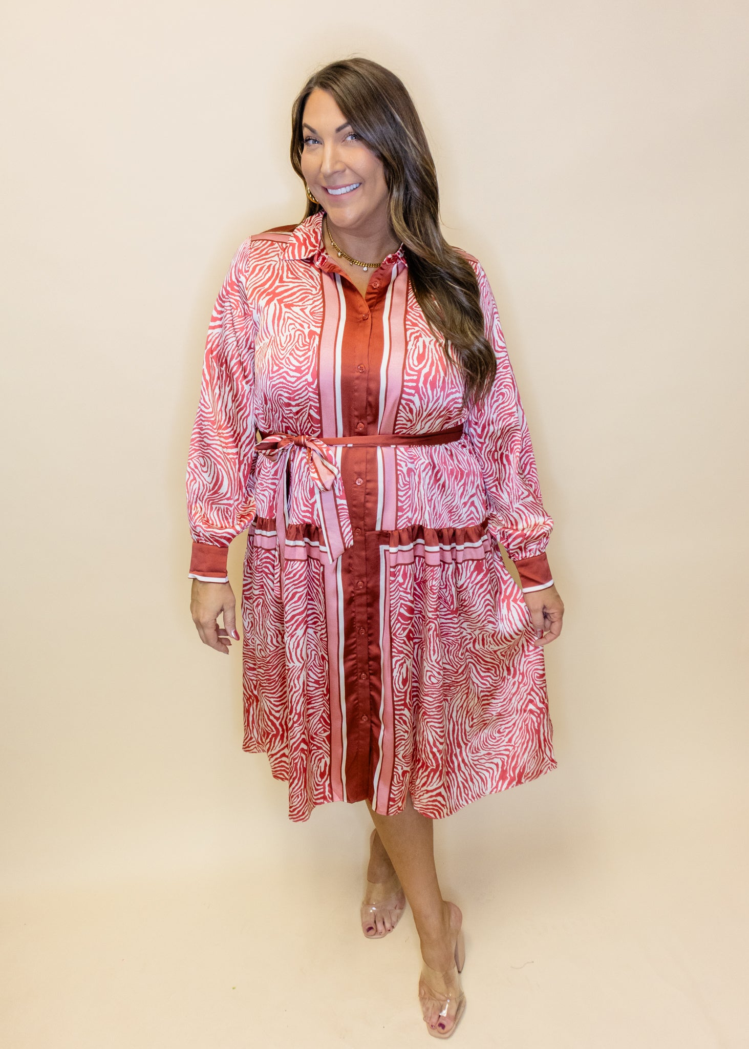 Animal Print Satin Tie Waist Midi Dress