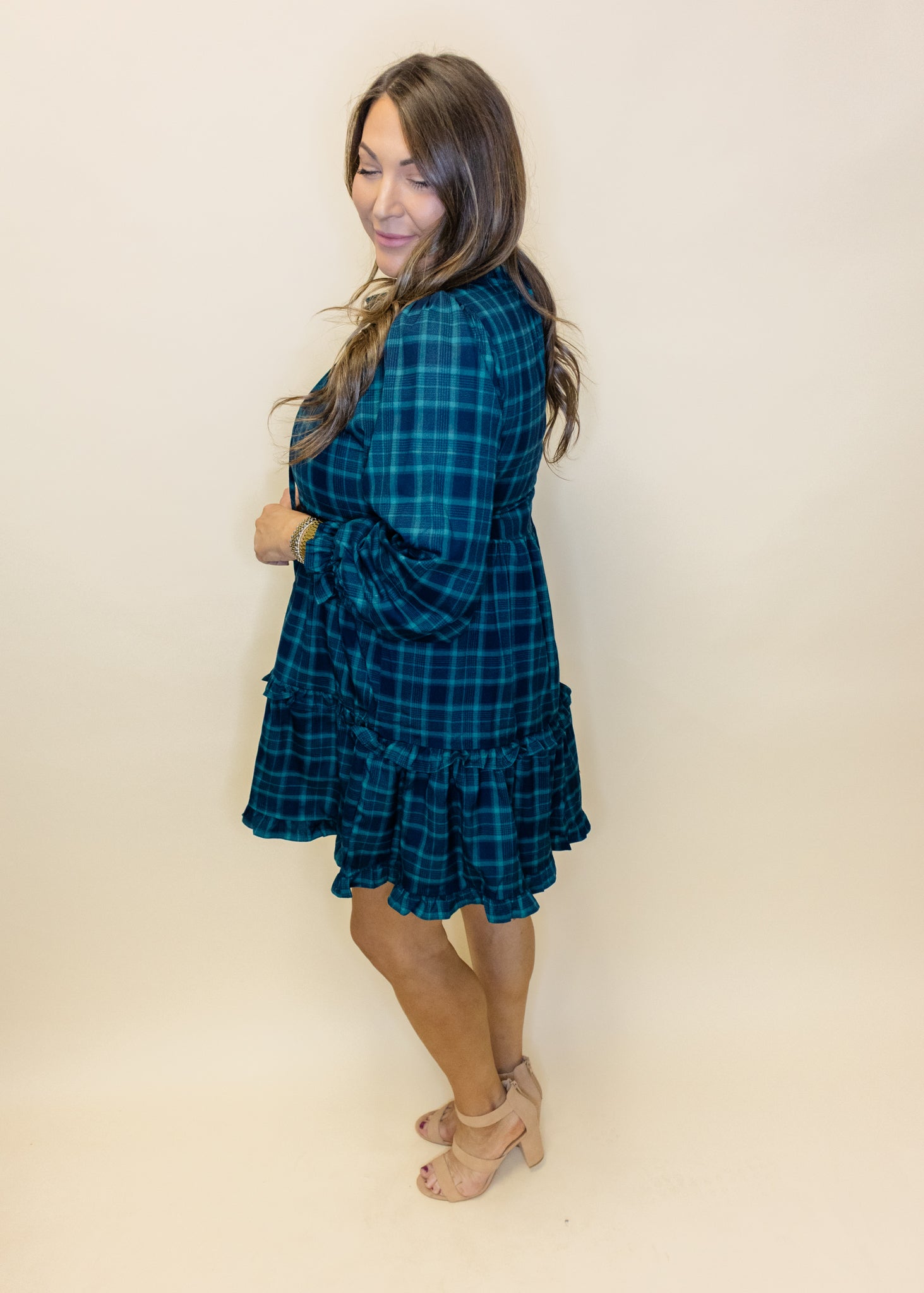 Green Plaid Long Sleeve Dress